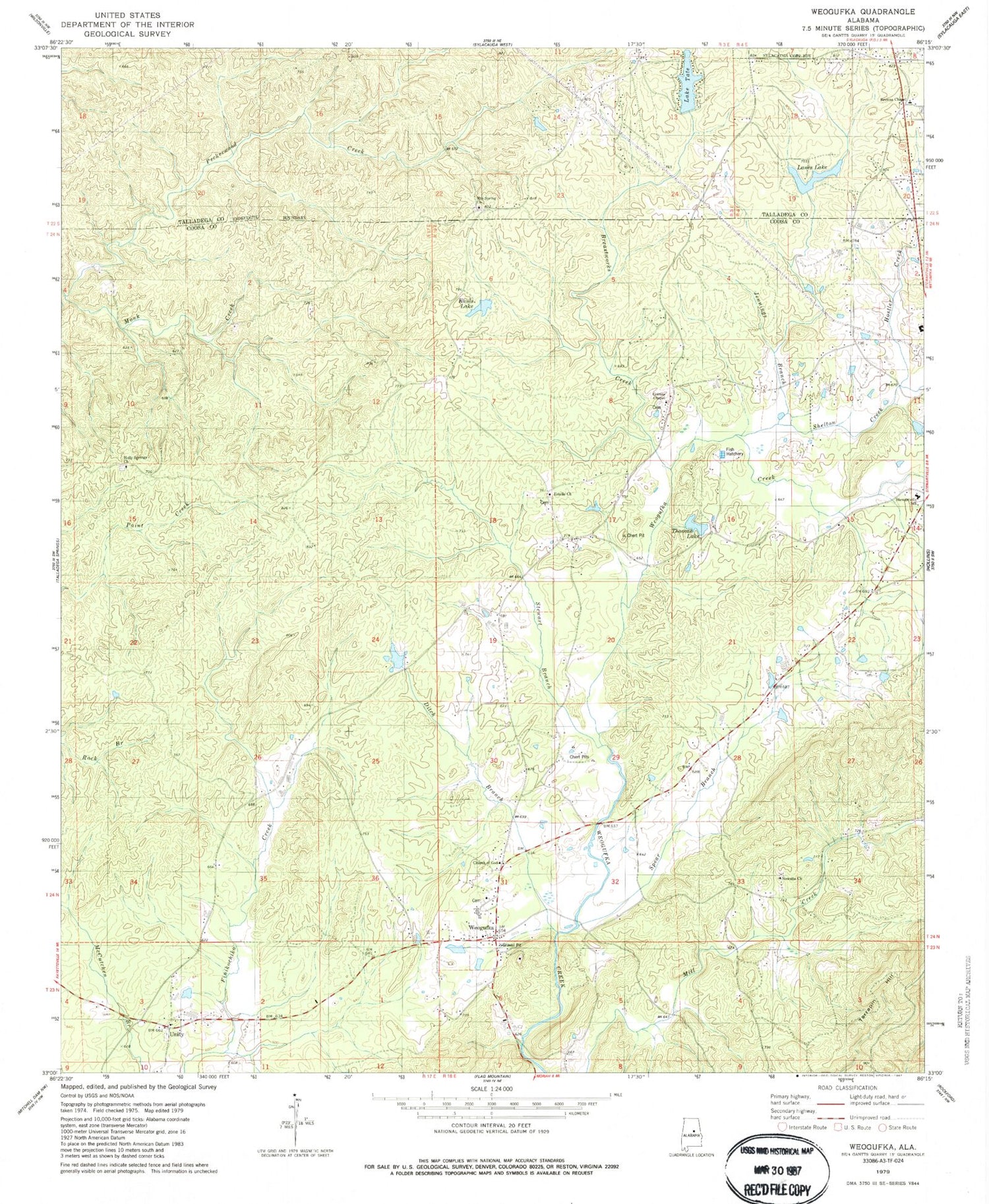 Classic USGS Weogufka Alabama 7.5'x7.5' Topo Map Image