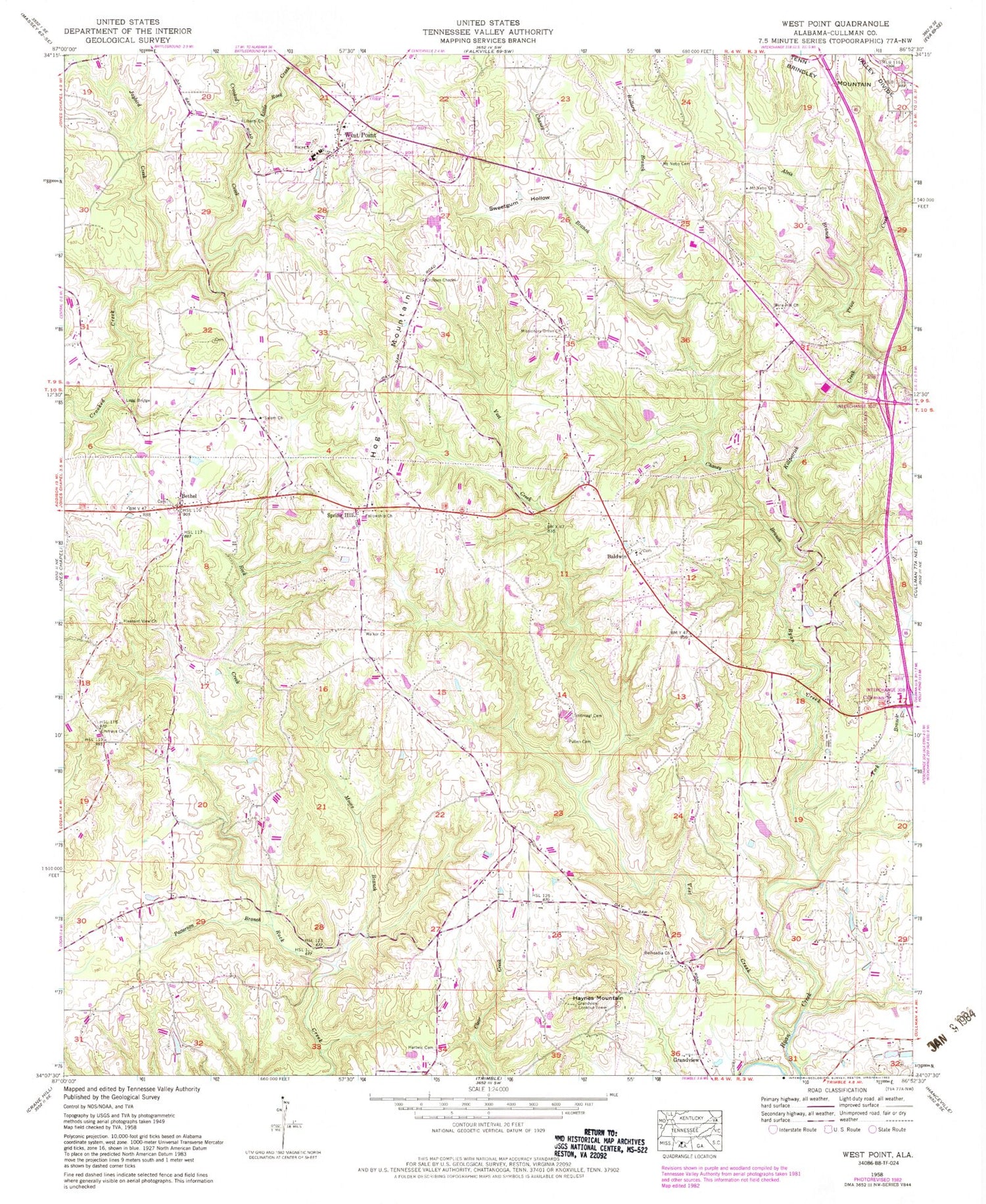 Classic USGS West Point Alabama 7.5'x7.5' Topo Map Image