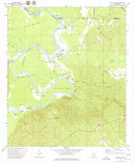Classic USGS Woods Bluff Alabama 7.5'x7.5' Topo Map Image