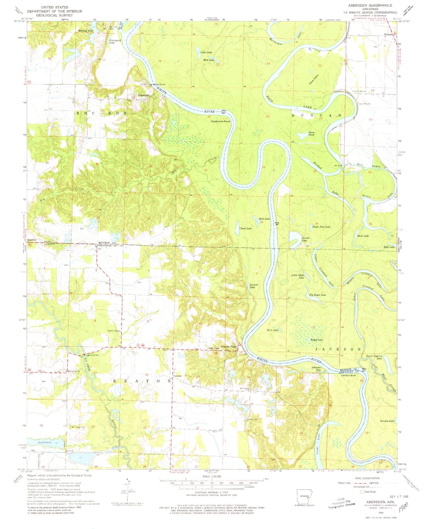 Classic USGS Aberdeen Arkansas 7.5'x7.5' Topo Map Image