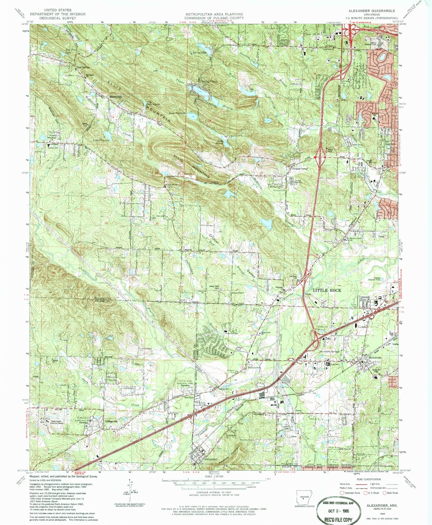 Classic USGS Alexander Arkansas 7.5'x7.5' Topo Map Image