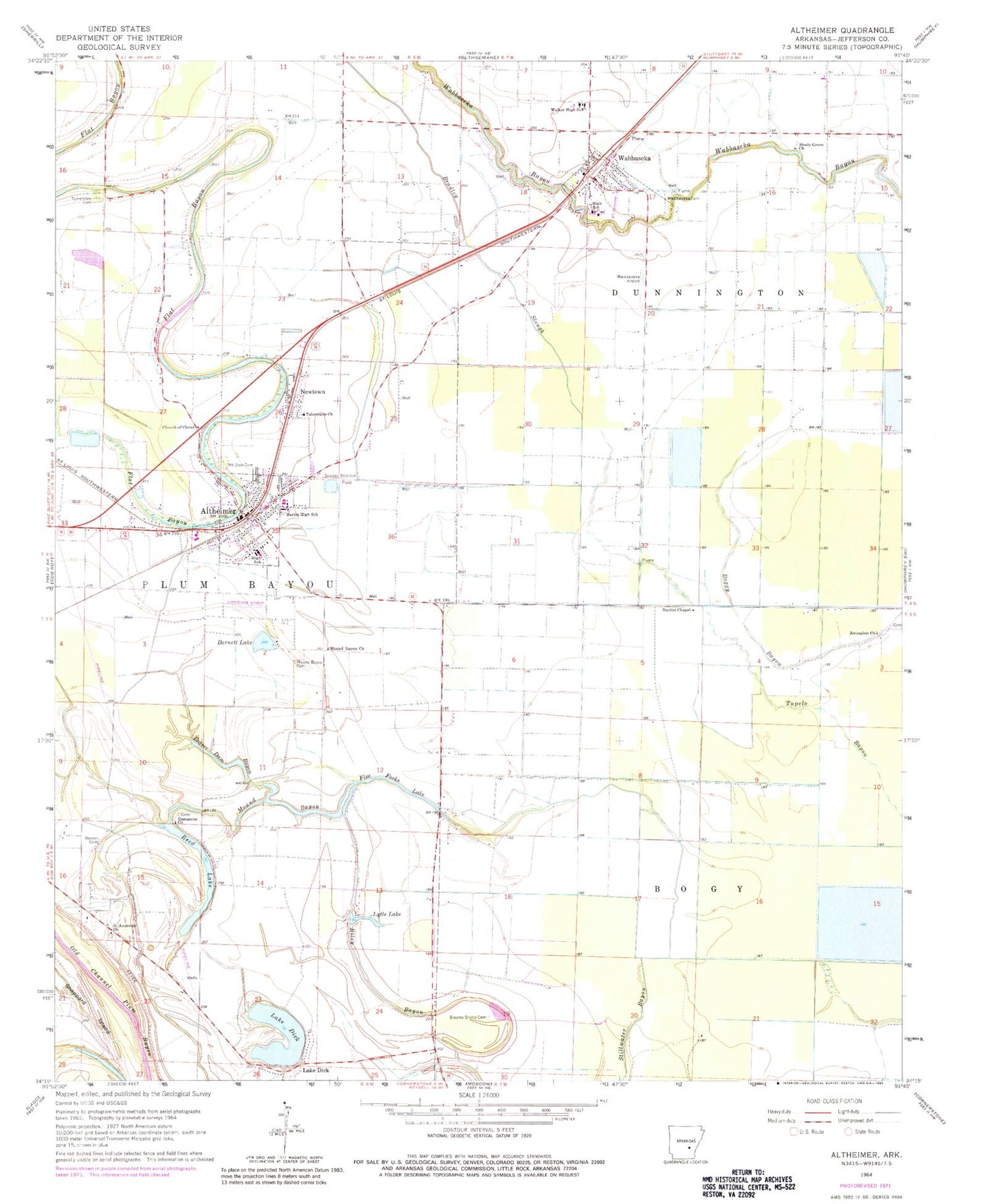 Classic USGS Altheimer Arkansas 7.5'x7.5' Topo Map Image