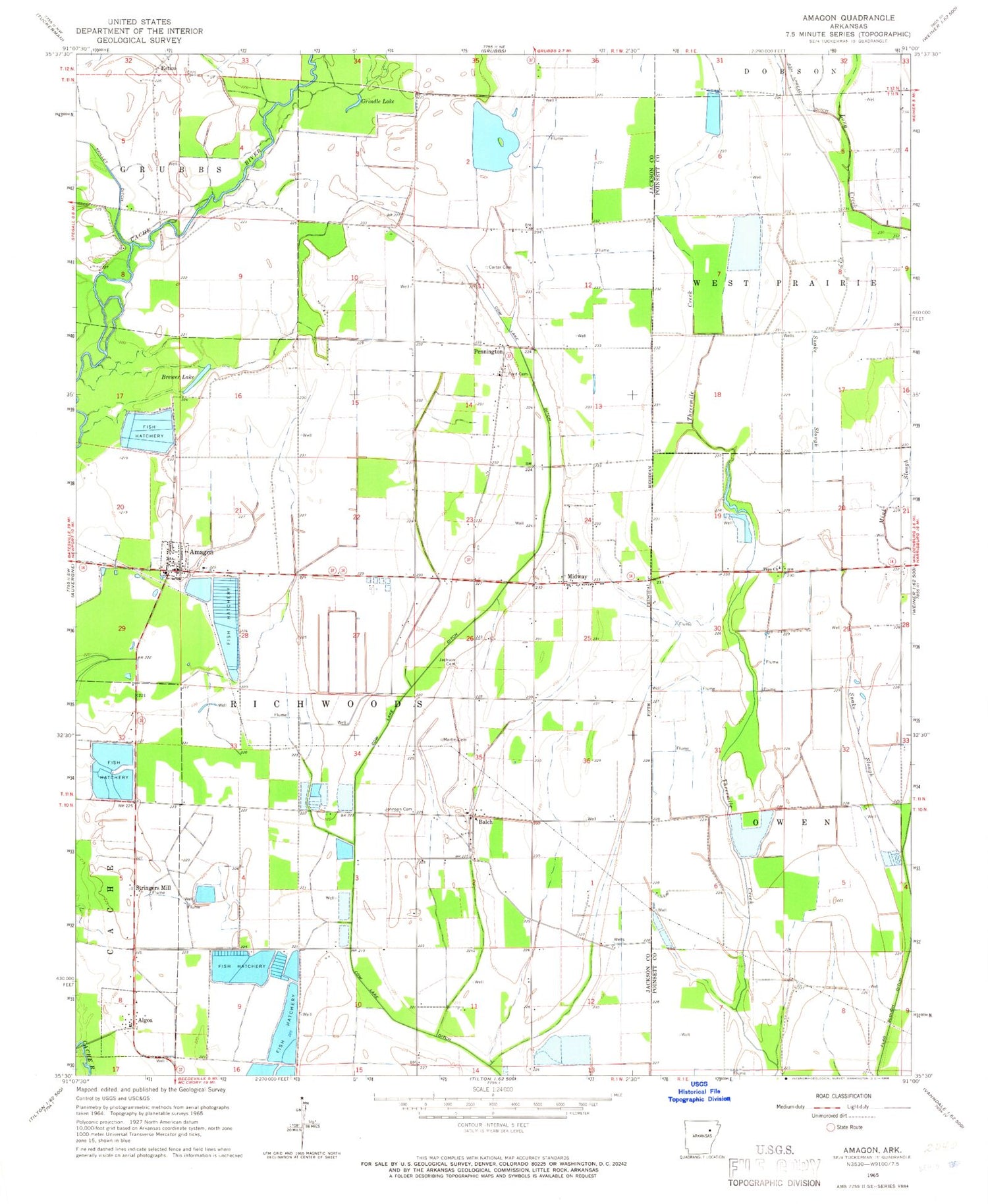 Classic USGS Amagon Arkansas 7.5'x7.5' Topo Map Image