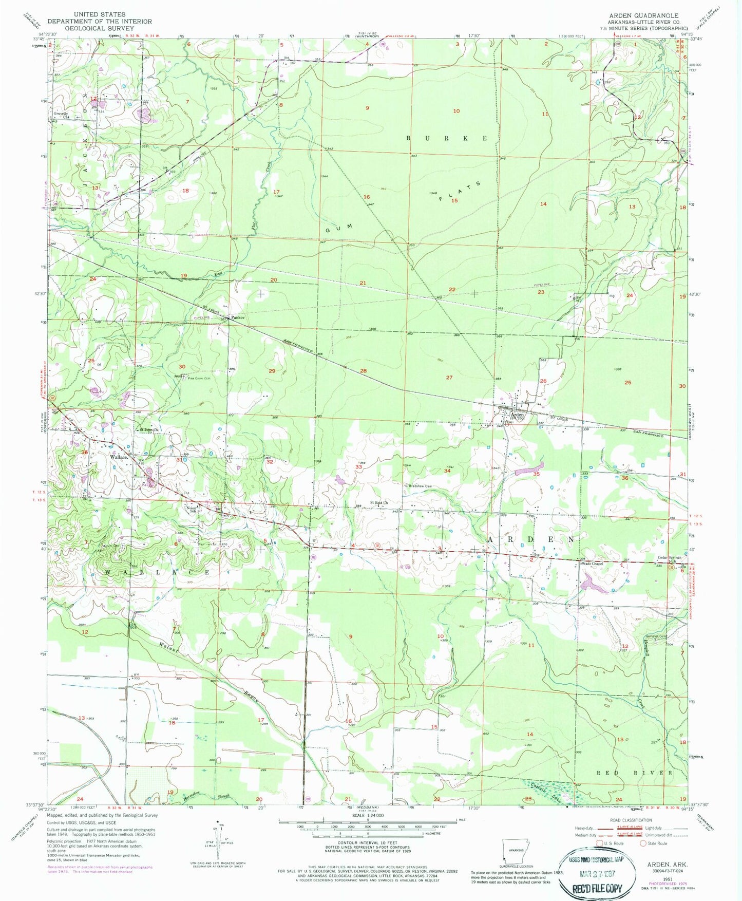 Classic USGS Arden Arkansas 7.5'x7.5' Topo Map Image