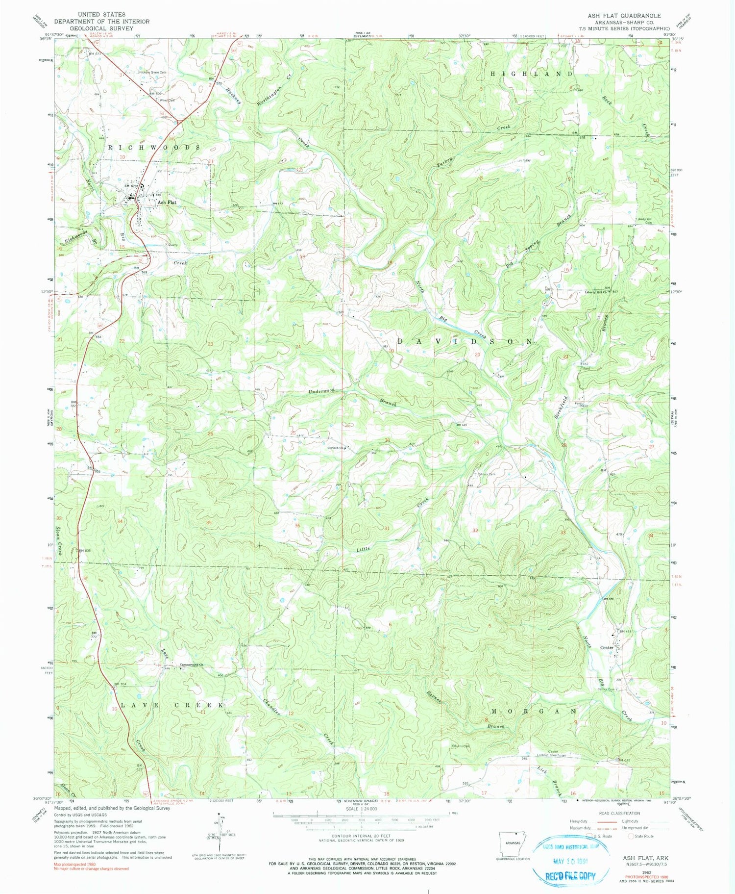 Classic USGS Ash Flat Arkansas 7.5'x7.5' Topo Map Image
