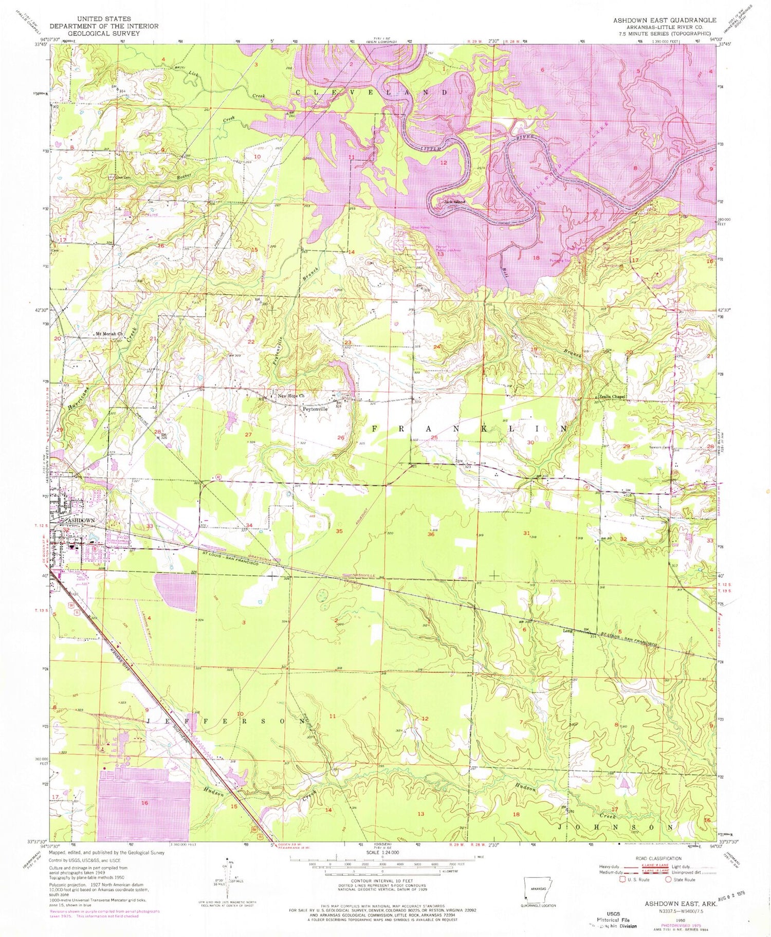Classic USGS Ashdown East Arkansas 7.5'x7.5' Topo Map Image