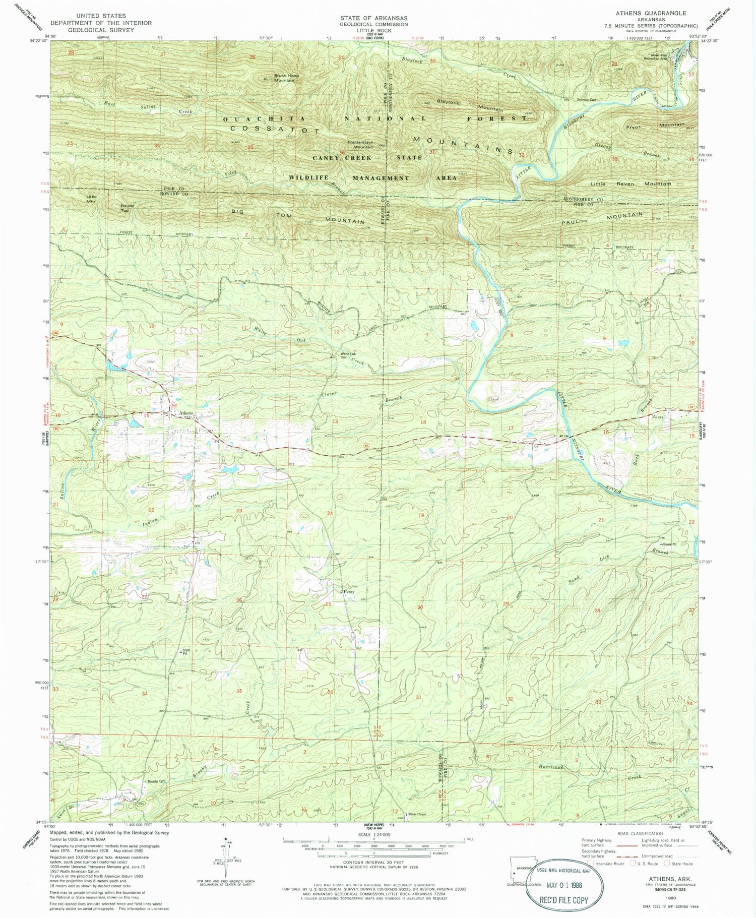 Classic USGS Athens Arkansas 7.5'x7.5' Topo Map Image