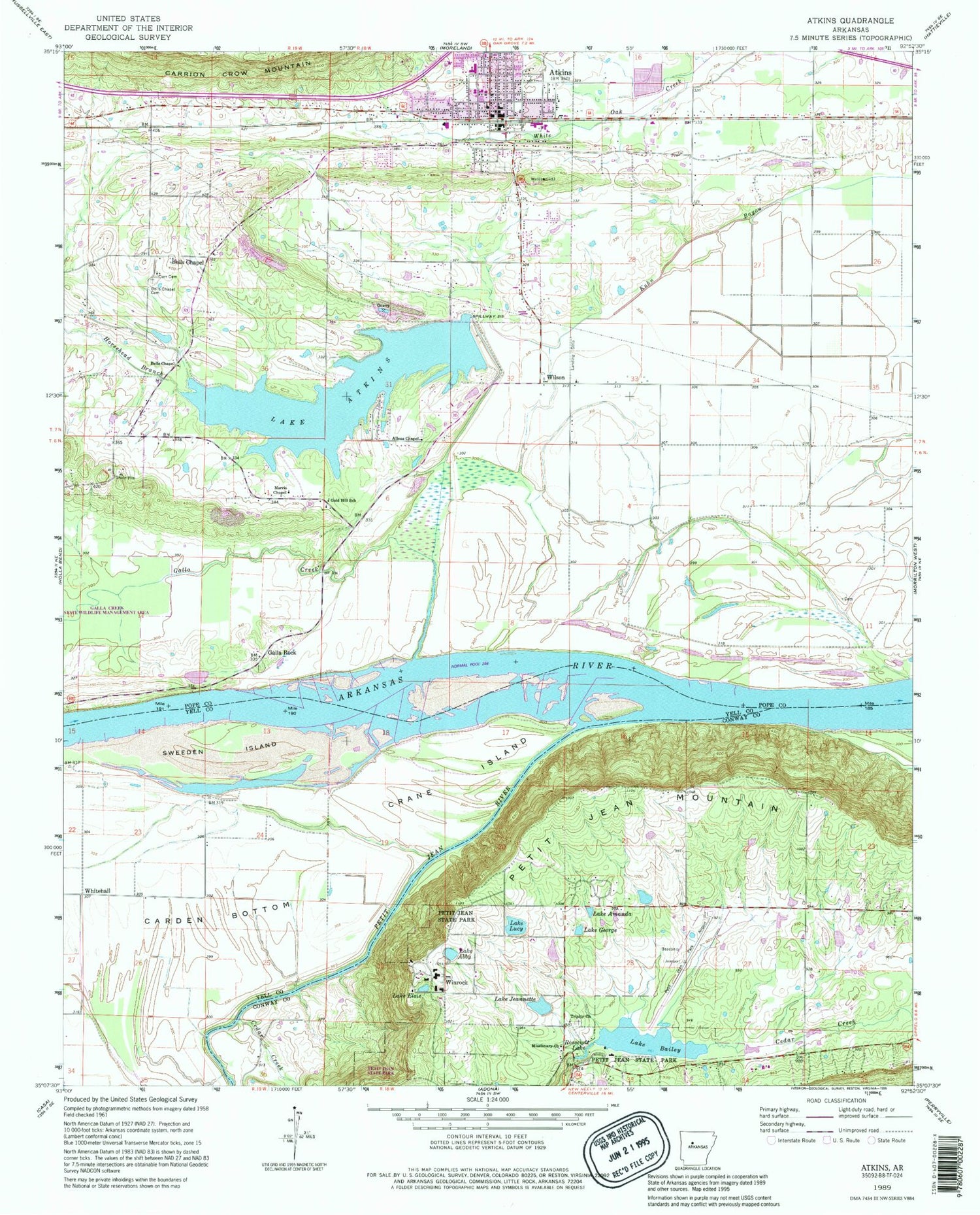 Classic USGS Atkins Arkansas 7.5'x7.5' Topo Map Image
