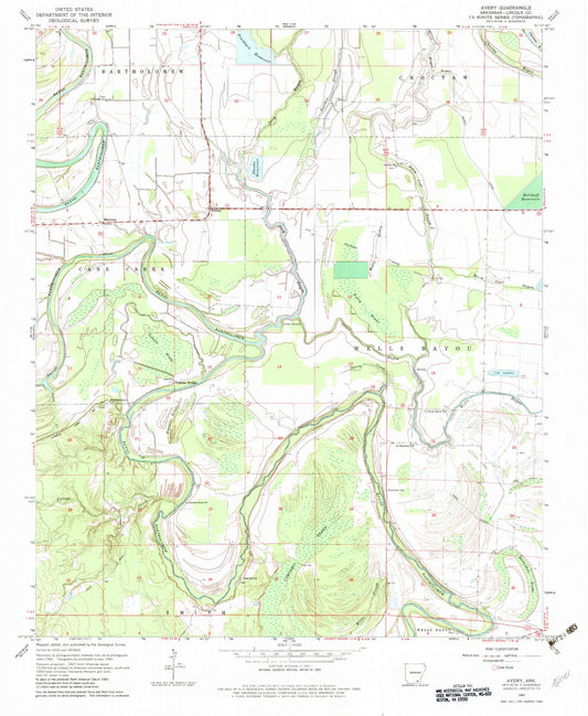 Classic USGS Avery Arkansas 7.5'x7.5' Topo Map Image
