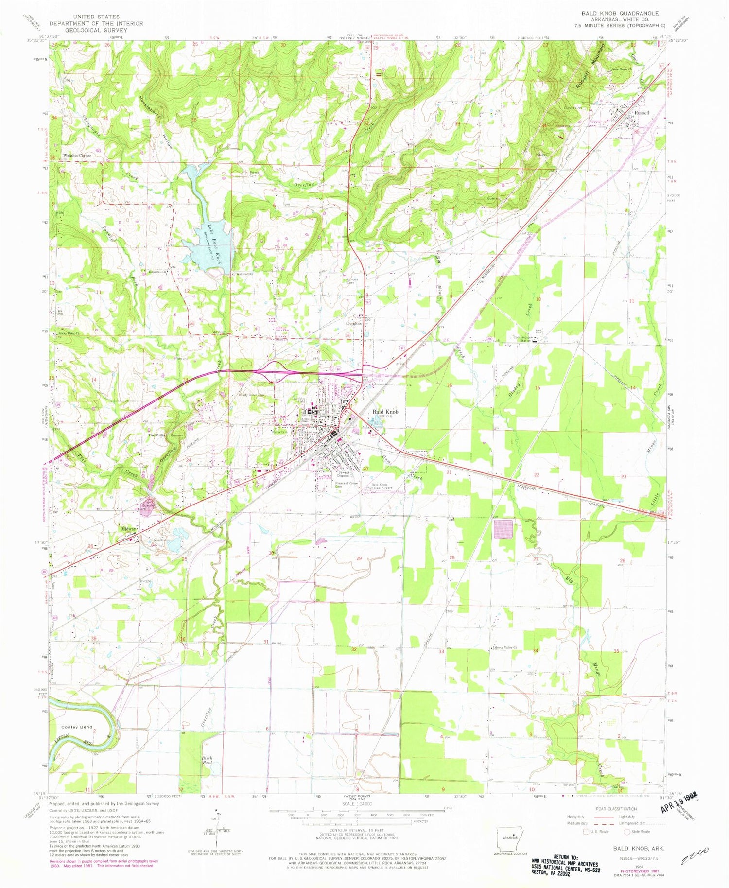 Classic USGS Bald Knob Arkansas 7.5'x7.5' Topo Map Image