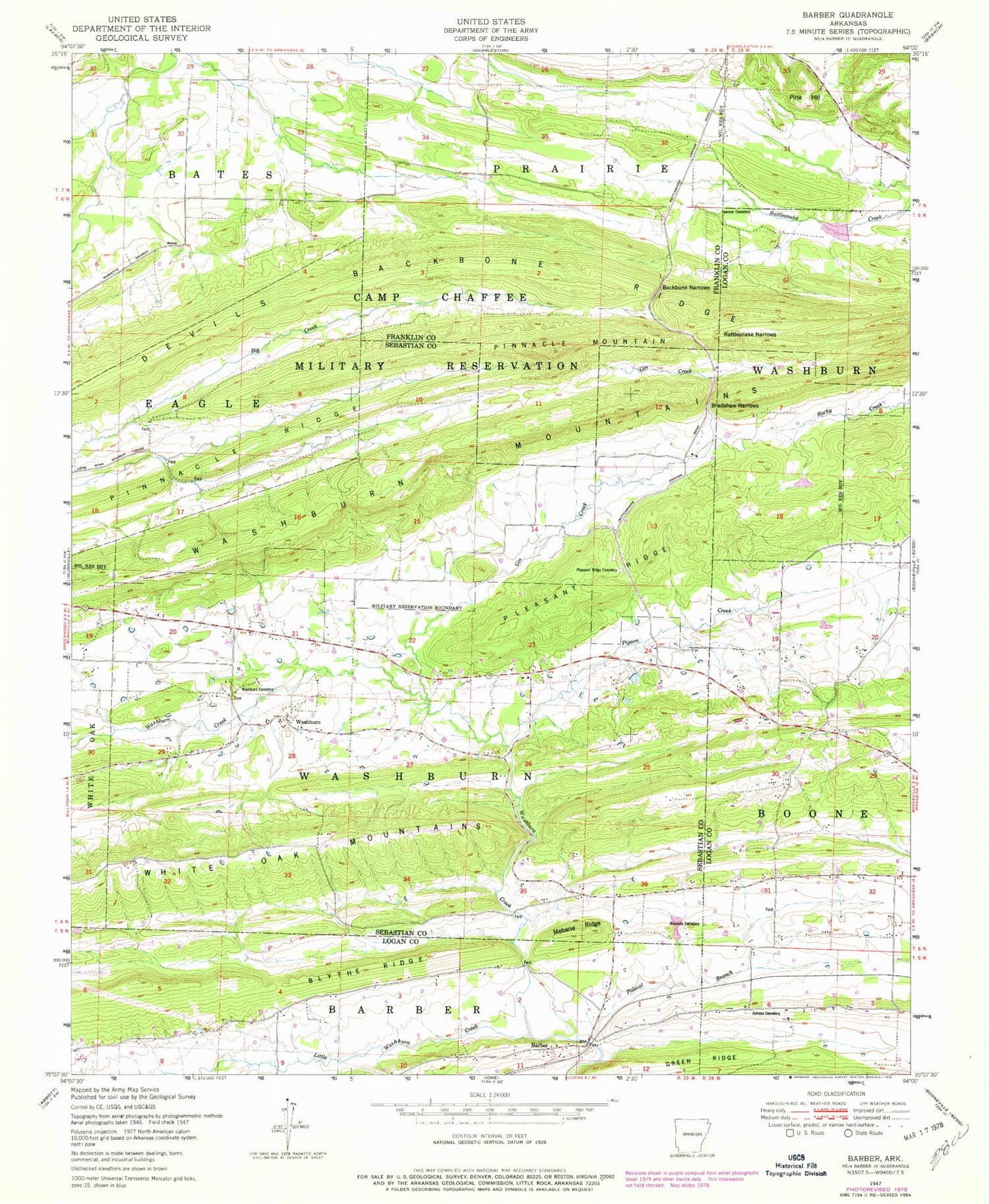 Classic USGS Barber Arkansas 7.5'x7.5' Topo Map Image