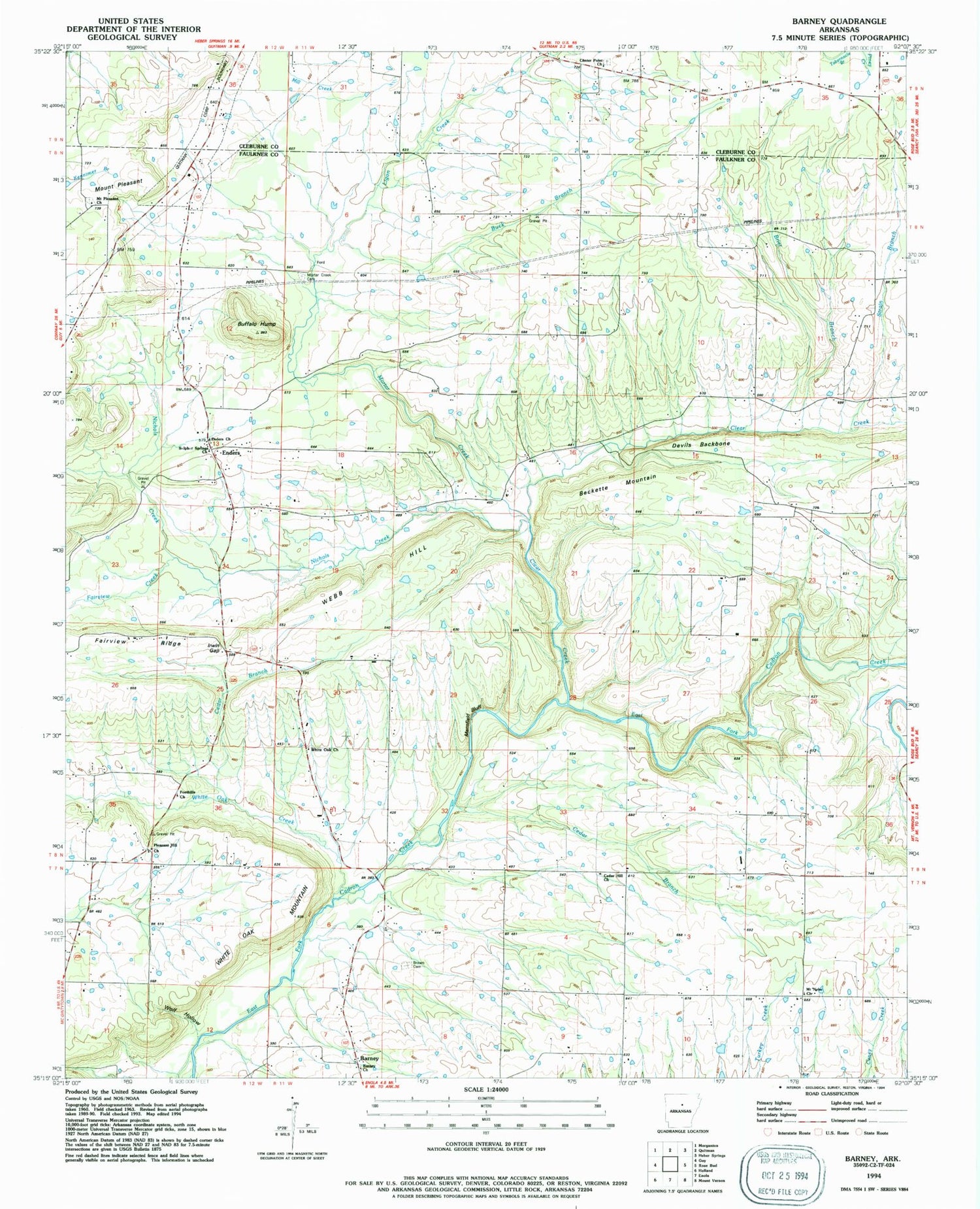 Classic USGS Barney Arkansas 7.5'x7.5' Topo Map Image