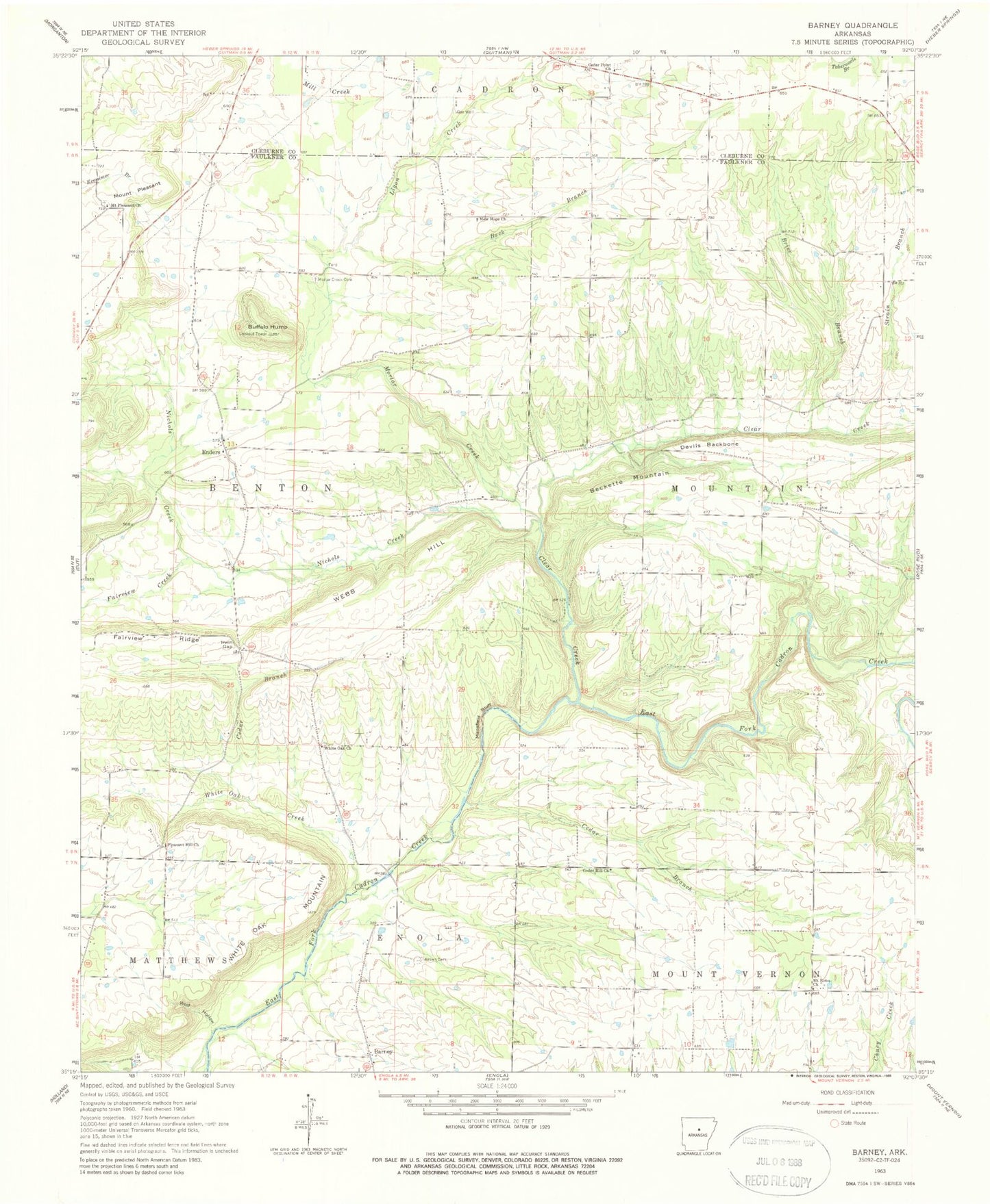 Classic USGS Barney Arkansas 7.5'x7.5' Topo Map Image