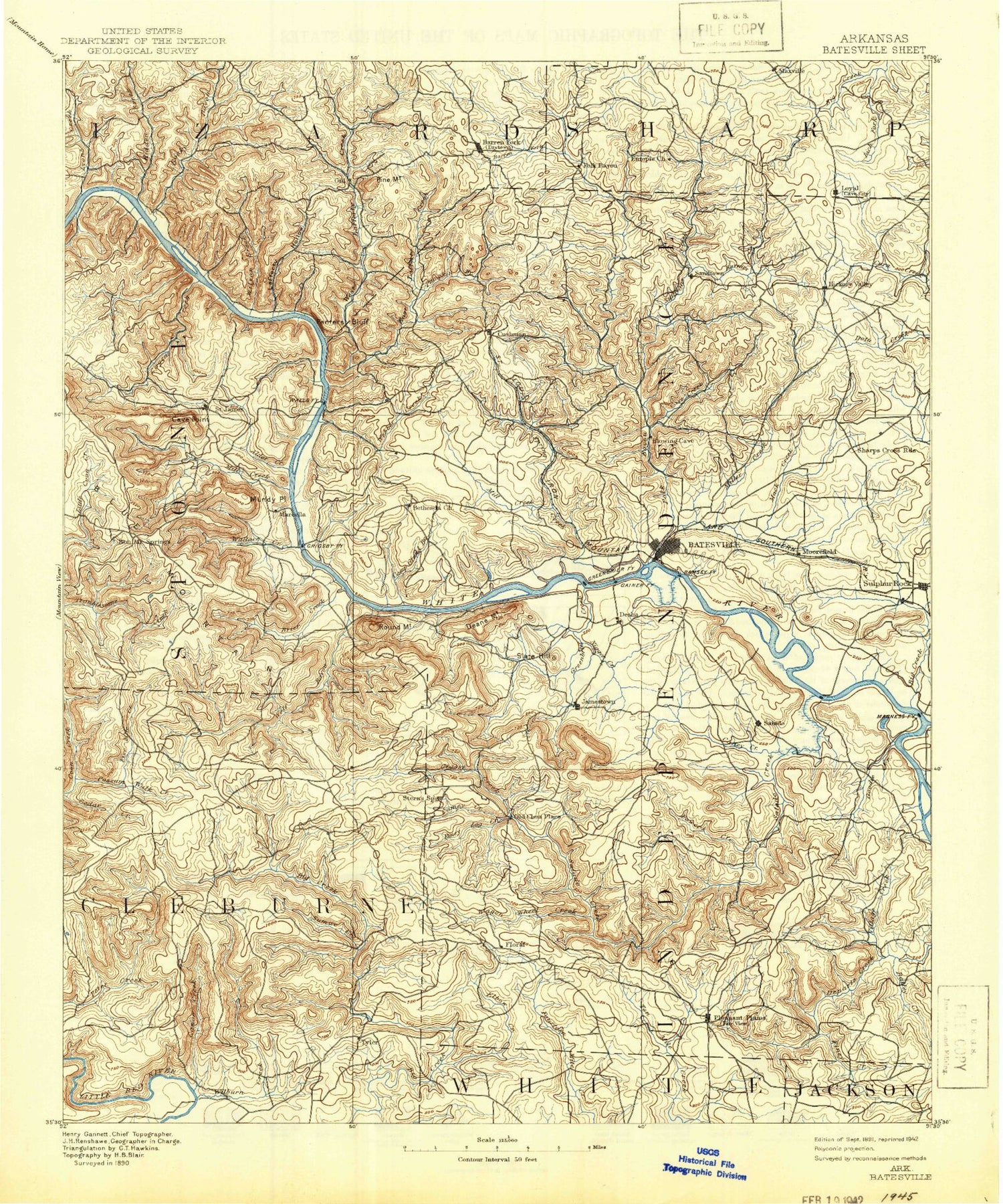 Historic 1891 Batesville Arkansas 30'x30' Topo Map Image
