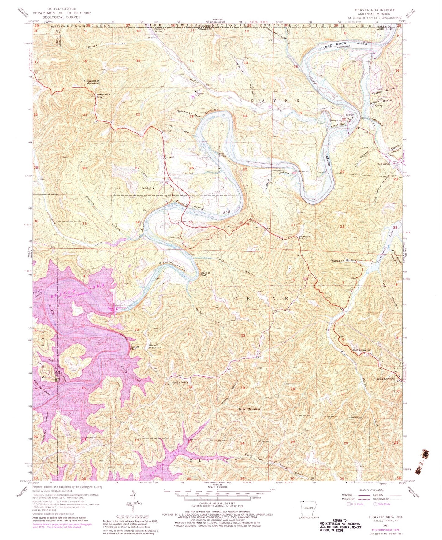 Classic USGS Beaver Arkansas 7.5'x7.5' Topo Map Image