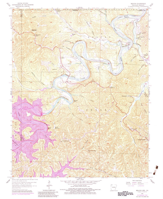Classic USGS Beaver Arkansas 7.5'x7.5' Topo Map Image