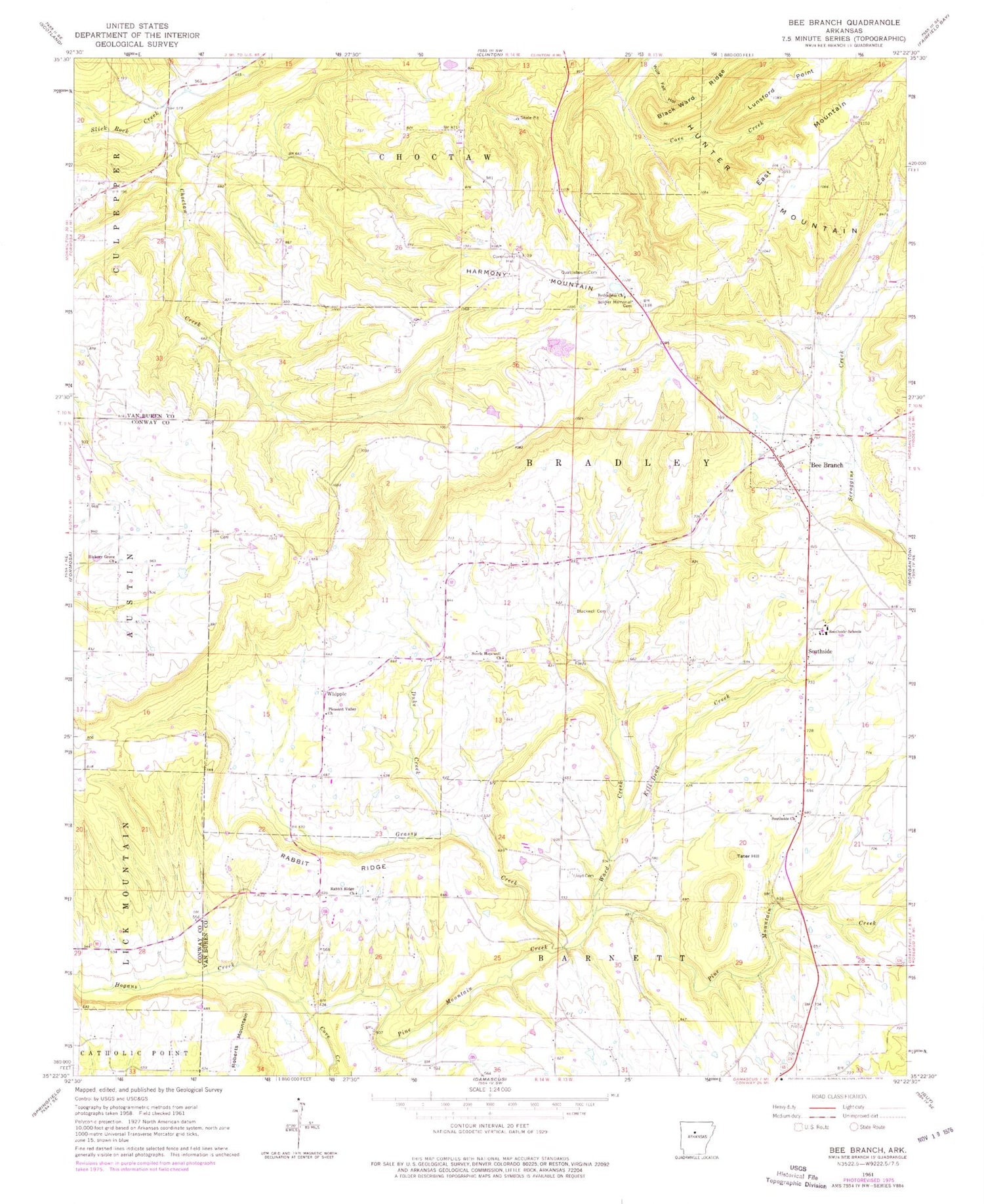 Classic USGS Bee Branch Arkansas 7.5'x7.5' Topo Map Image