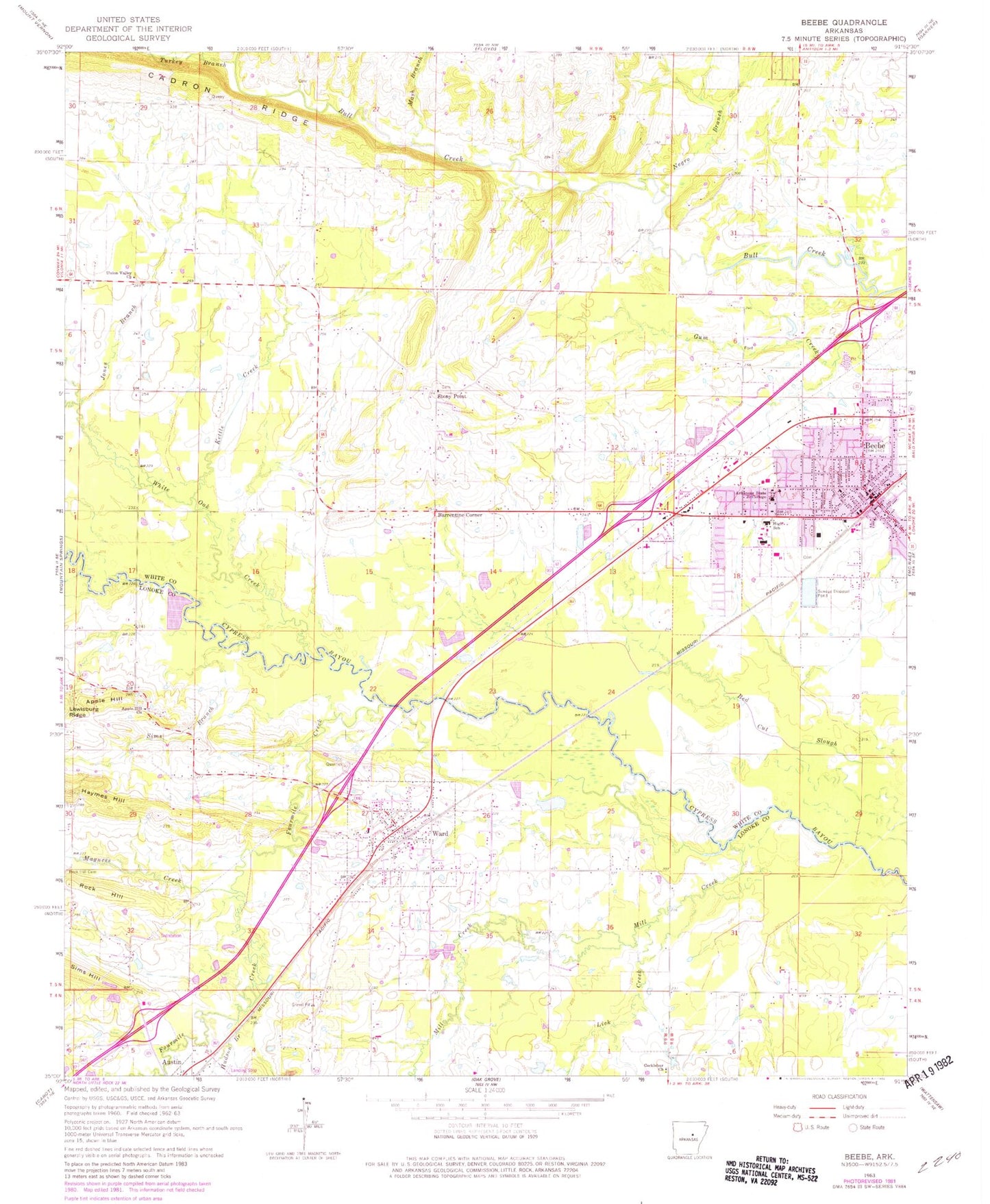 Classic USGS Beebe Arkansas 7.5'x7.5' Topo Map Image