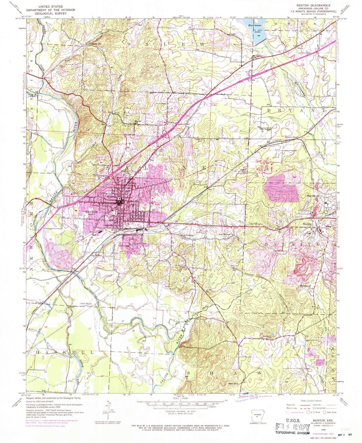 Classic USGS Benton Arkansas 7.5'x7.5' Topo Map Image