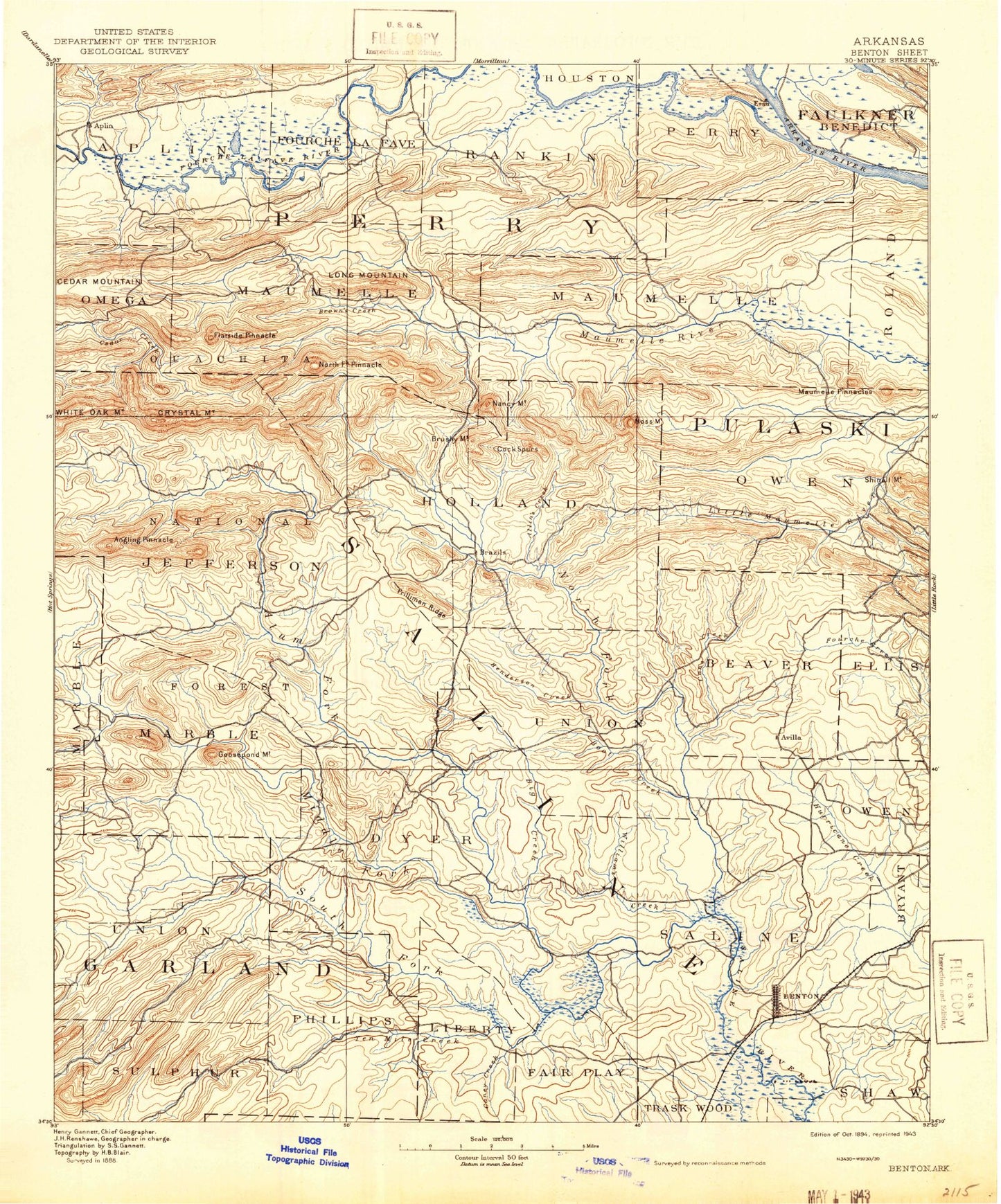 Historic 1894 Benton Arkansas 30'x30' Topo Map Image