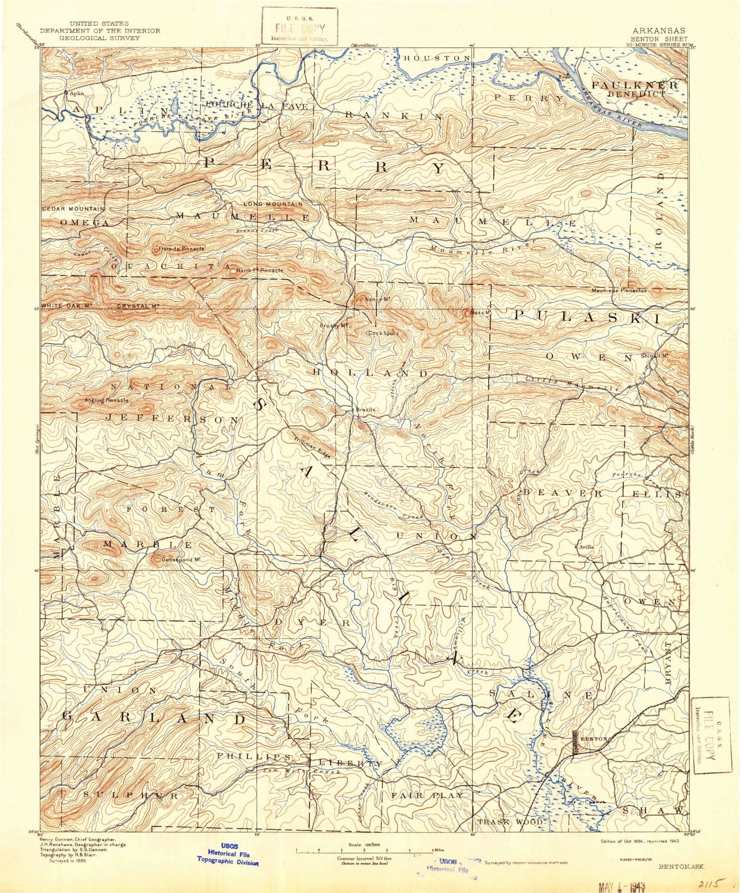 Historic 1894 Benton Arkansas 30'x30' Topo Map Image