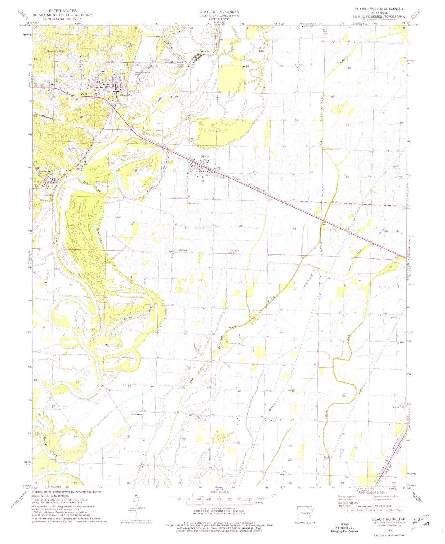 Classic USGS Black Rock Arkansas 7.5'x7.5' Topo Map Image