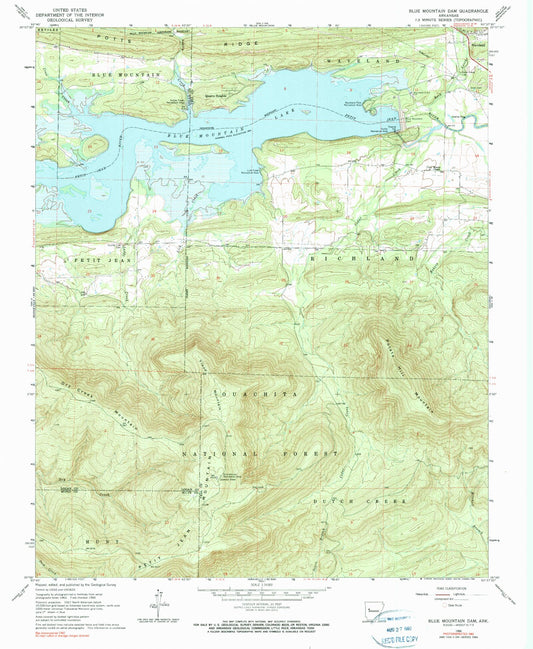 Classic USGS Blue Mountain Dam Arkansas 7.5'x7.5' Topo Map Image