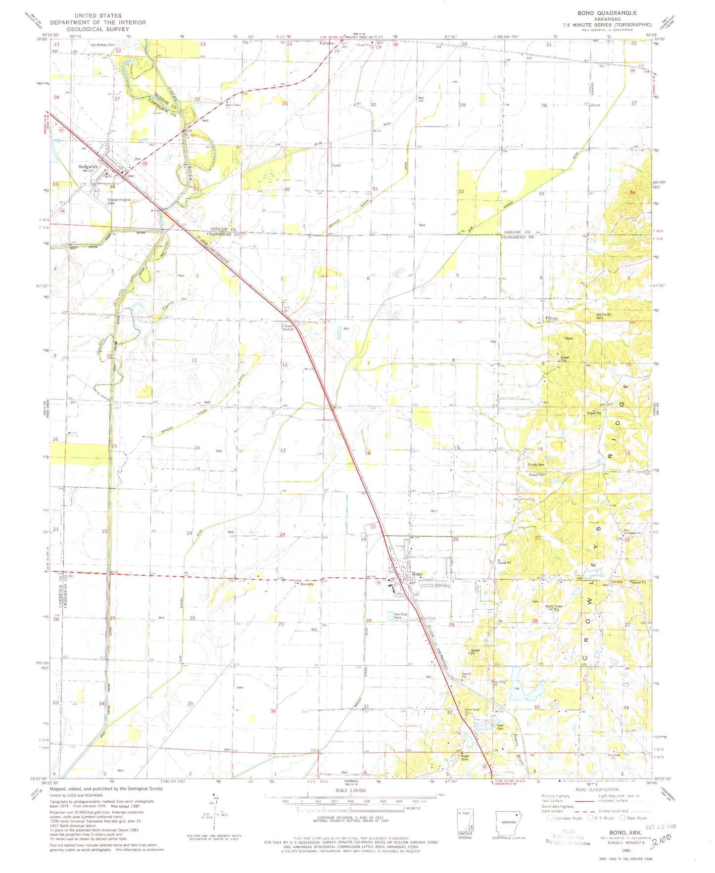 Classic USGS Bono Arkansas 7.5'x7.5' Topo Map Image