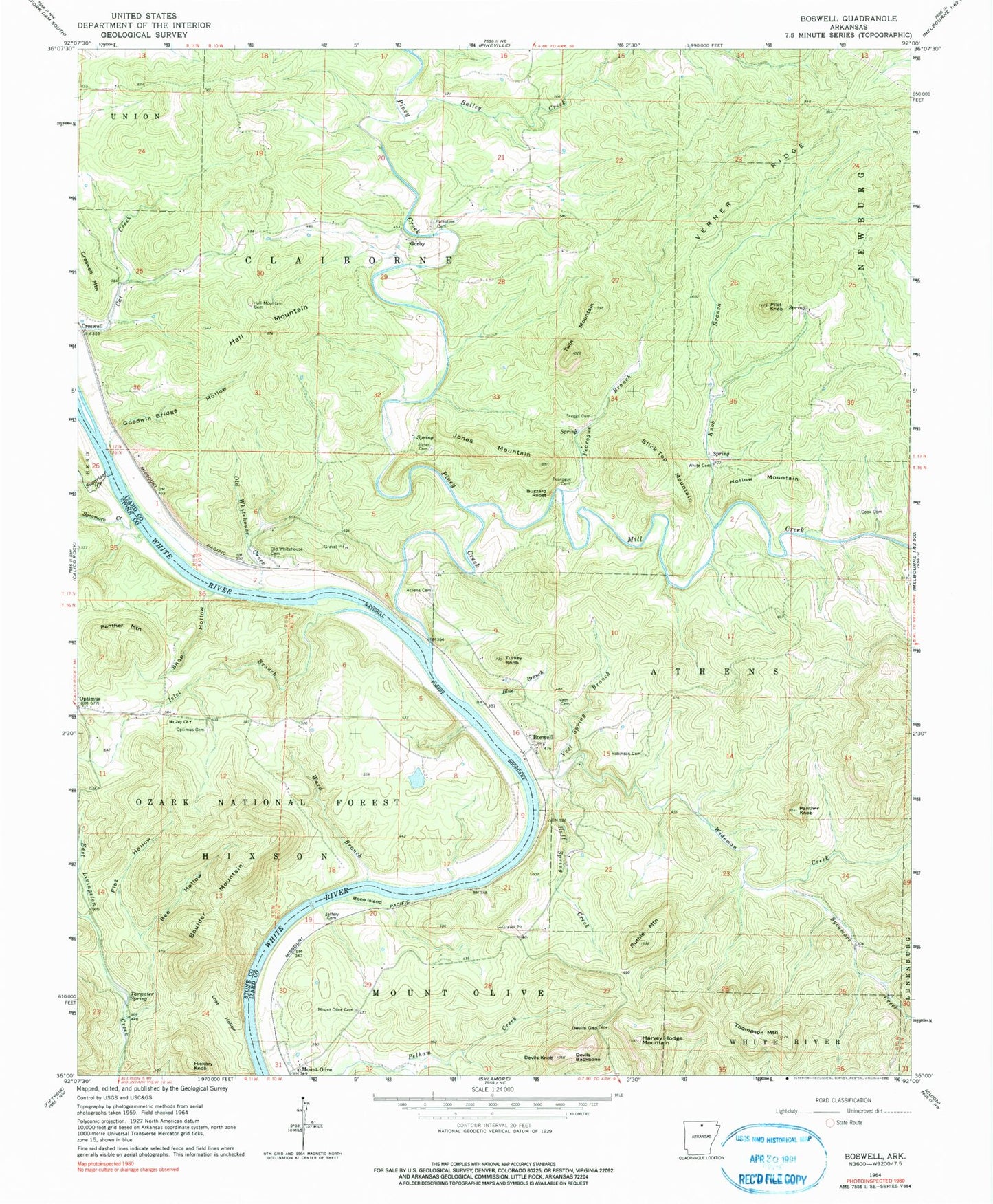 Classic USGS Boswell Arkansas 7.5'x7.5' Topo Map Image