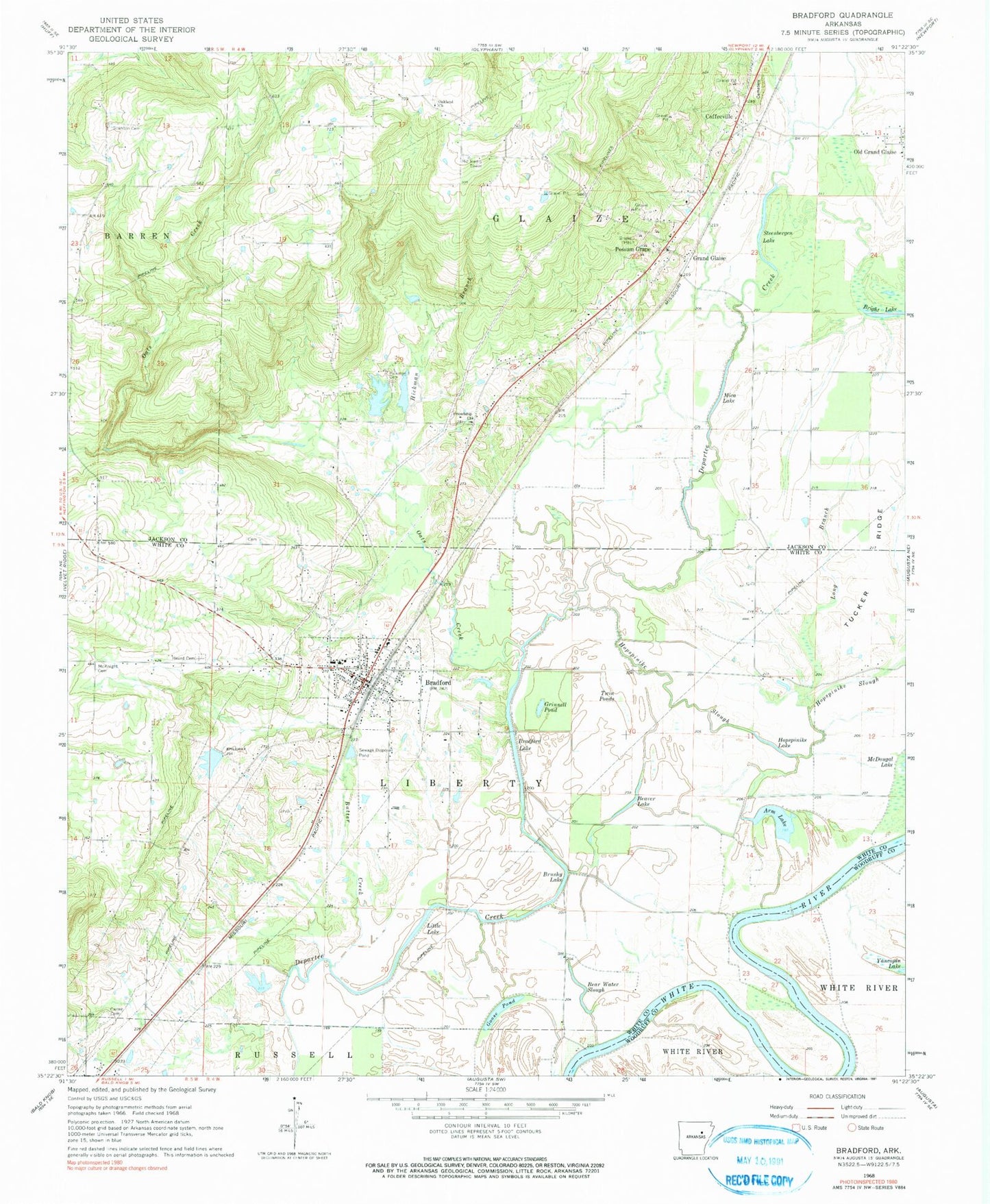 Classic USGS Bradford Arkansas 7.5'x7.5' Topo Map Image