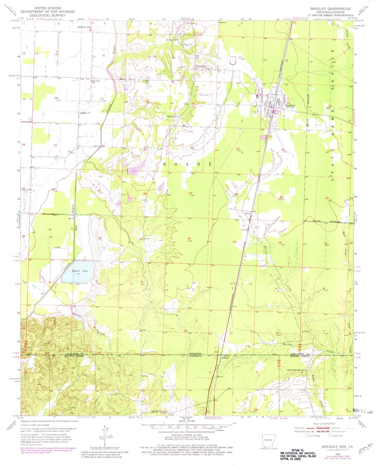 Classic USGS Bradley Arkansas 7.5'x7.5' Topo Map Image
