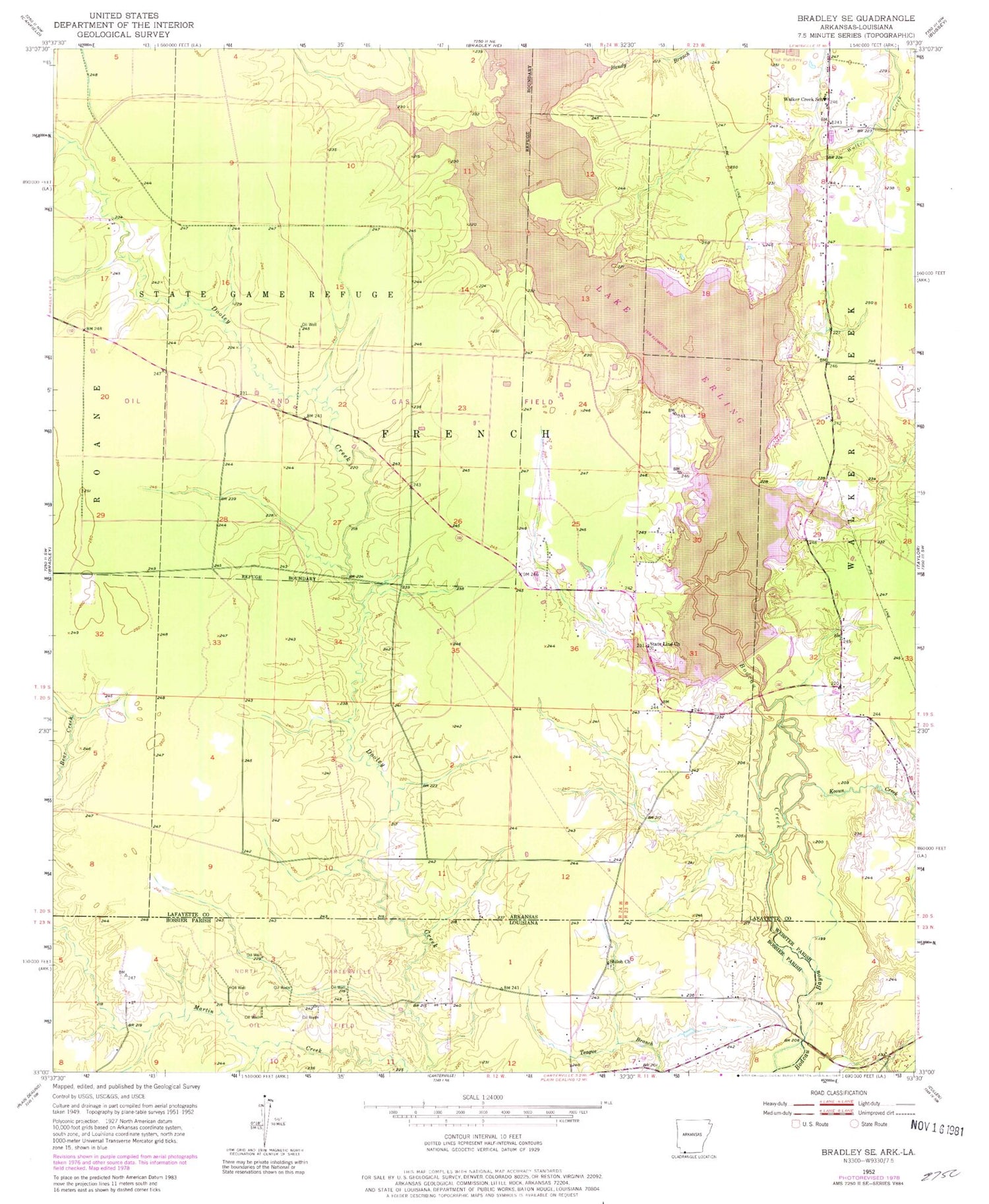Classic USGS Bradley SE Arkansas 7.5'x7.5' Topo Map Image