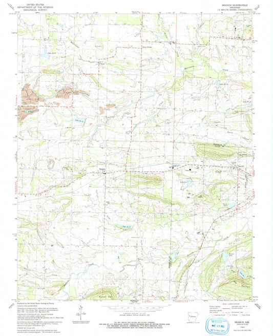 Classic USGS Branch Arkansas 7.5'x7.5' Topo Map Image