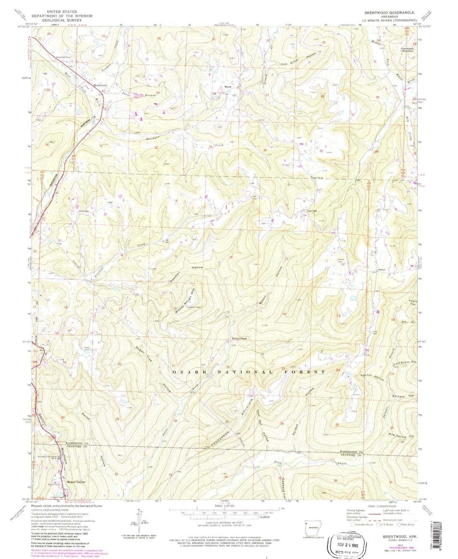 Classic USGS Brentwood Arkansas 7.5'x7.5' Topo Map Image