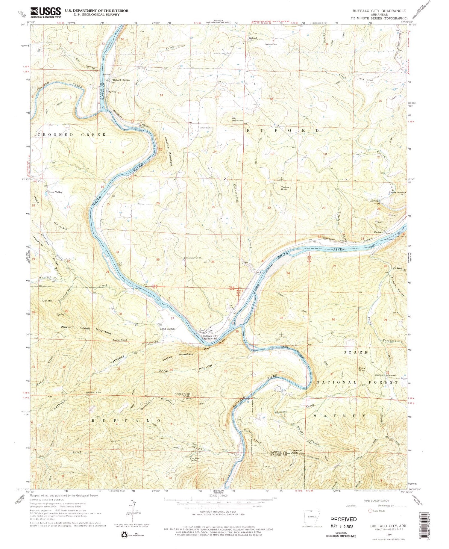 Classic USGS Buffalo City Arkansas 7.5'x7.5' Topo Map Image
