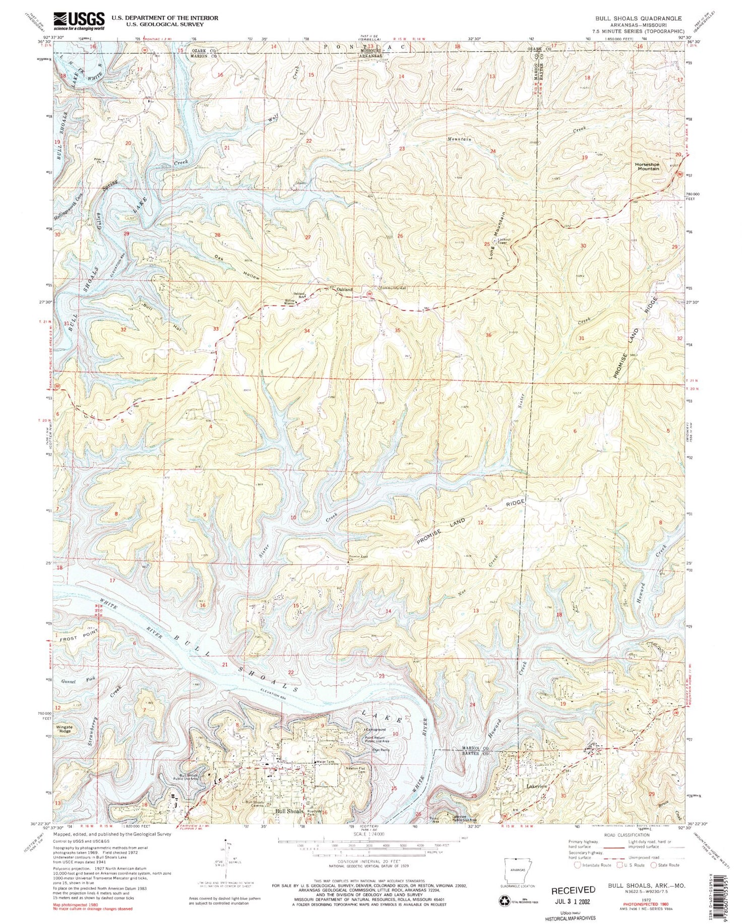 Classic USGS Bull Shoals Arkansas 7.5'x7.5' Topo Map Image