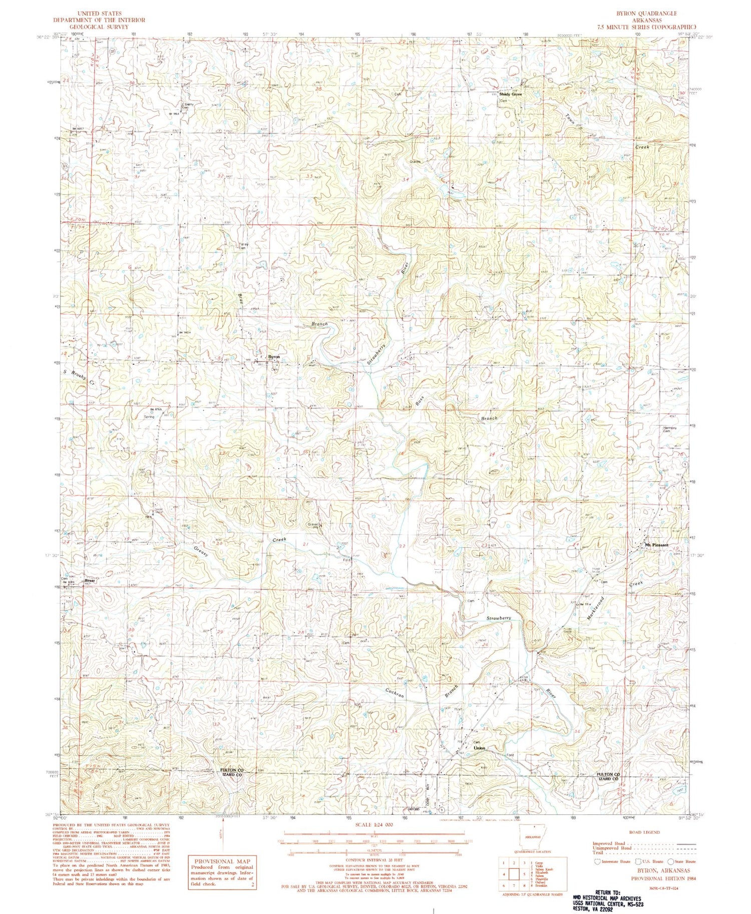 Classic USGS Byron Arkansas 7.5'x7.5' Topo Map Image