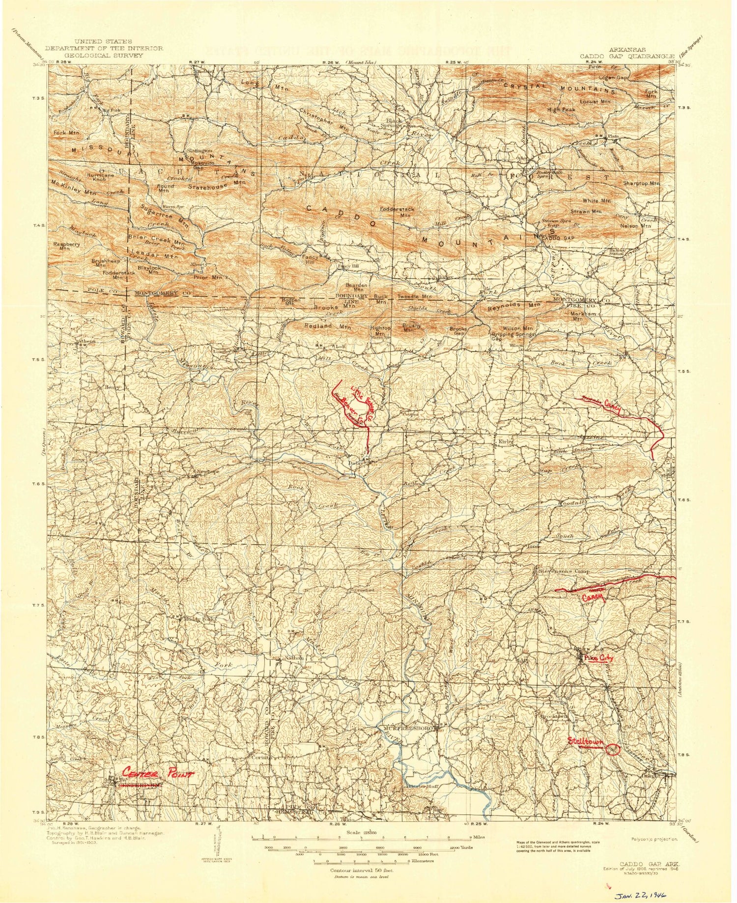 Historic 1906 Caddo Gap Arkansas 30'x30' Topo Map Image
