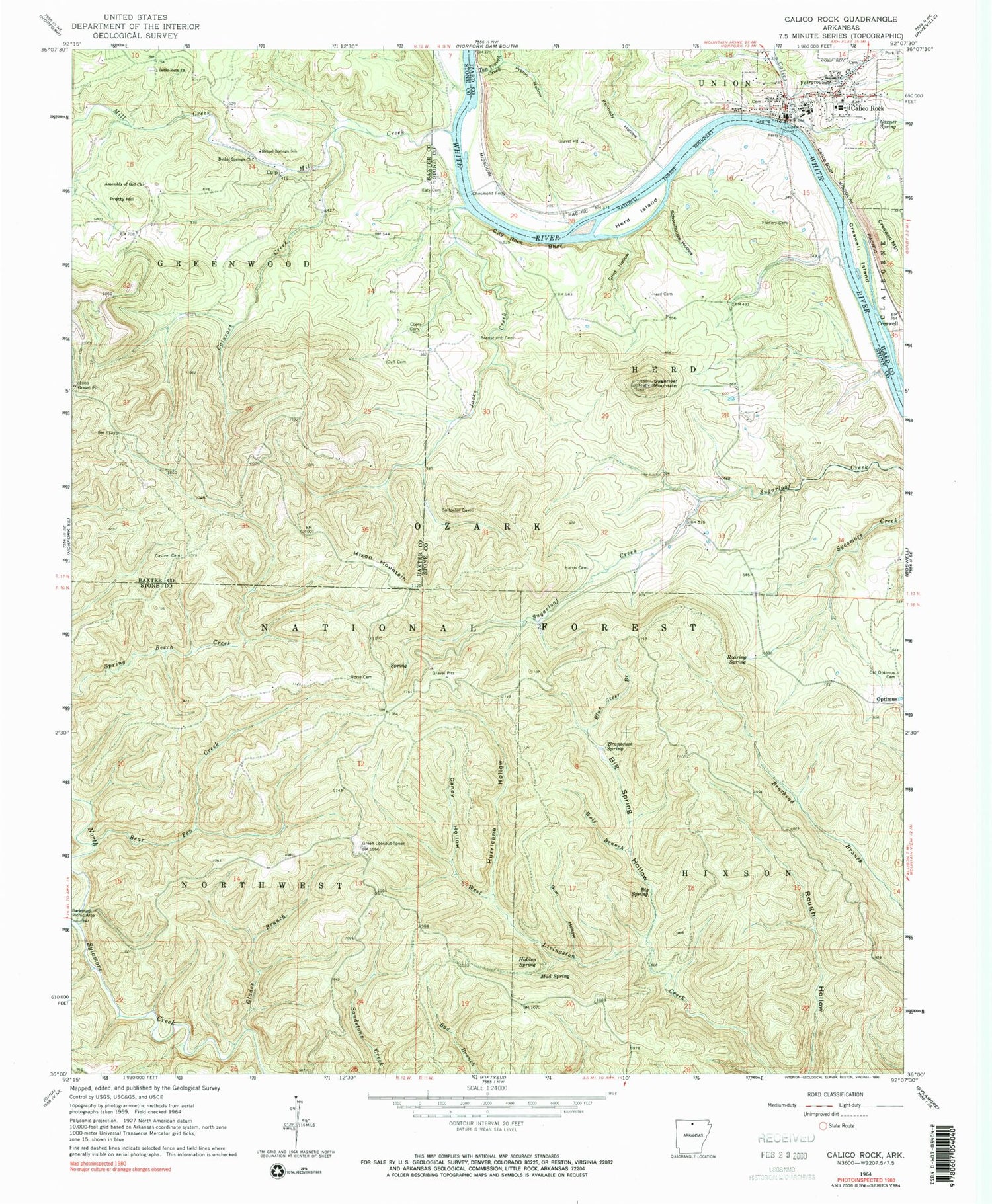 Classic USGS Calico Rock Arkansas 7.5'x7.5' Topo Map Image