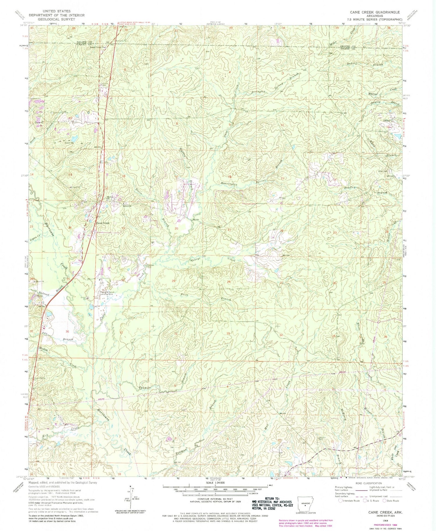 Classic USGS Cane Creek Arkansas 7.5'x7.5' Topo Map Image