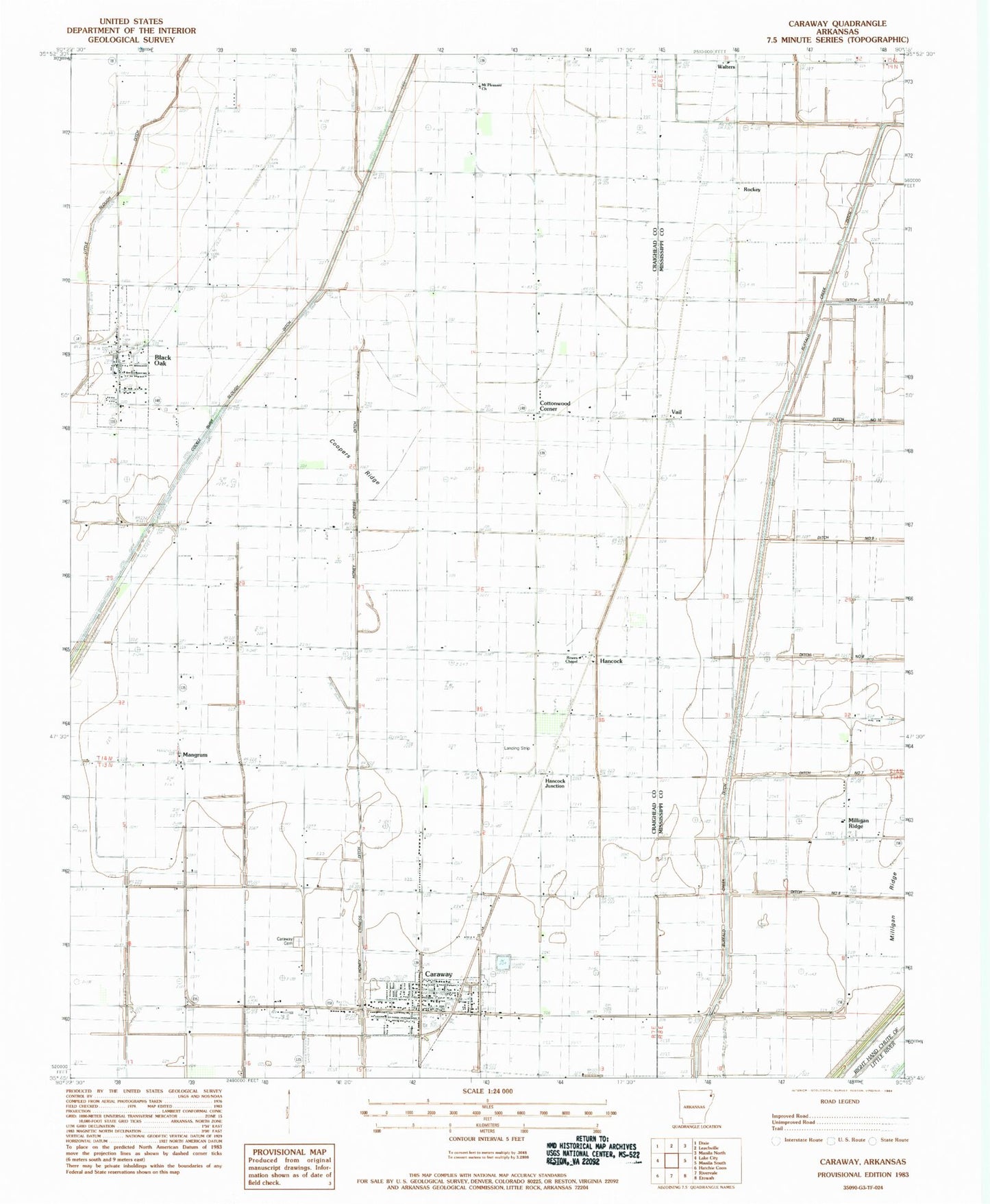 Classic USGS Caraway Arkansas 7.5'x7.5' Topo Map Image