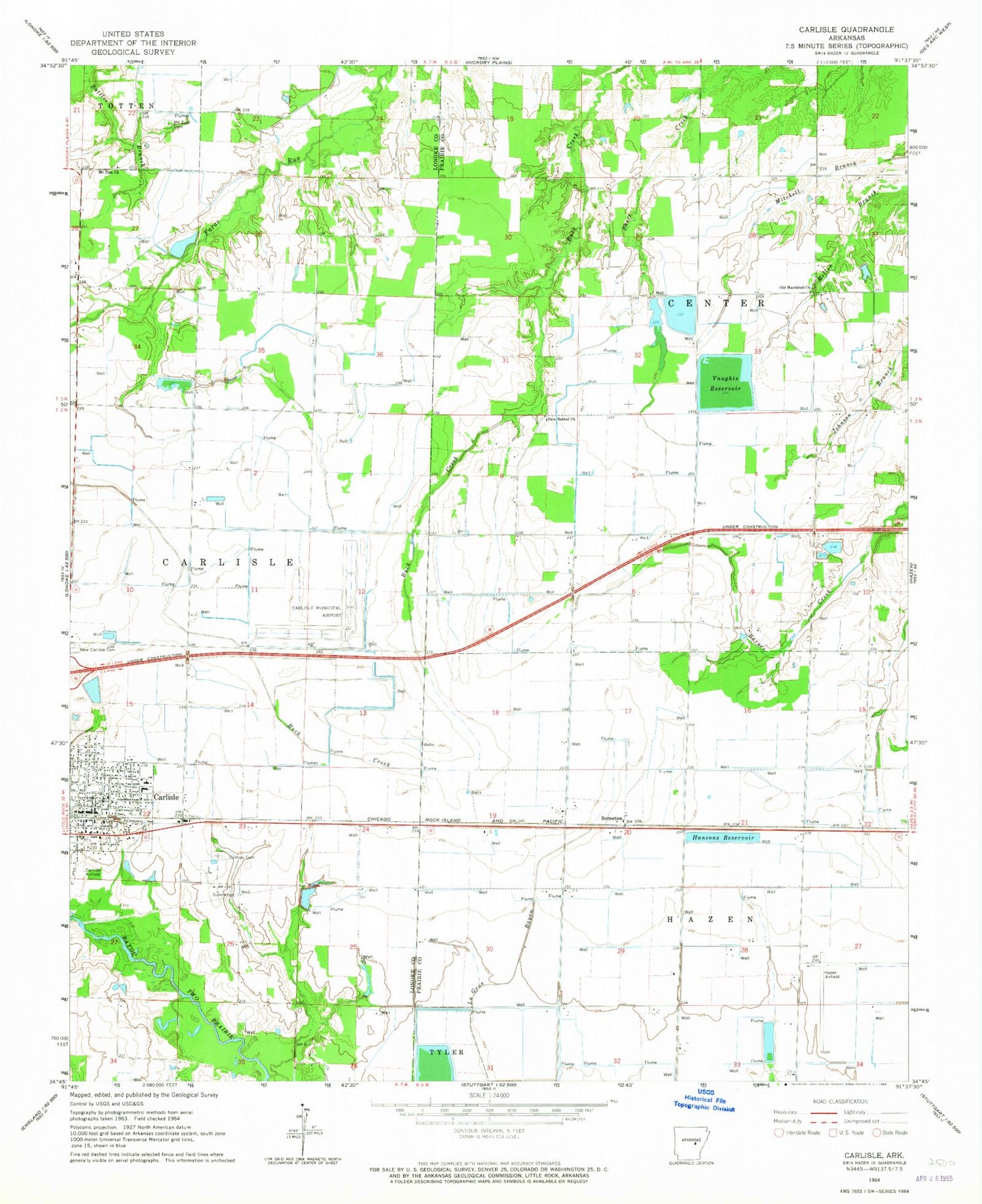 Classic USGS Carlisle Arkansas 7.5'x7.5' Topo Map Image