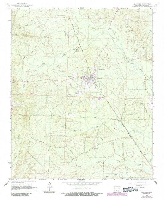 Classic USGS Carthage Arkansas 7.5'x7.5' Topo Map Image