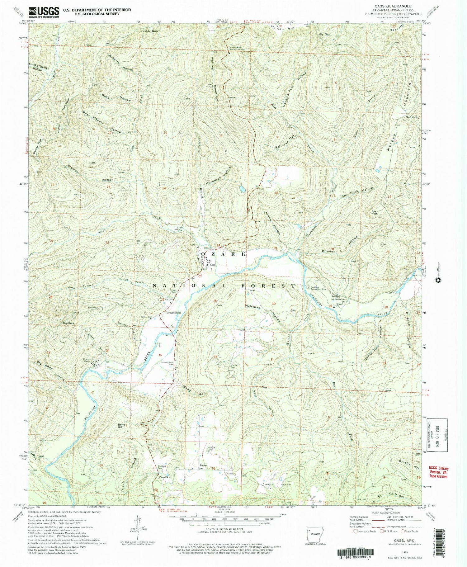 Classic USGS Cass Arkansas 7.5'x7.5' Topo Map Image