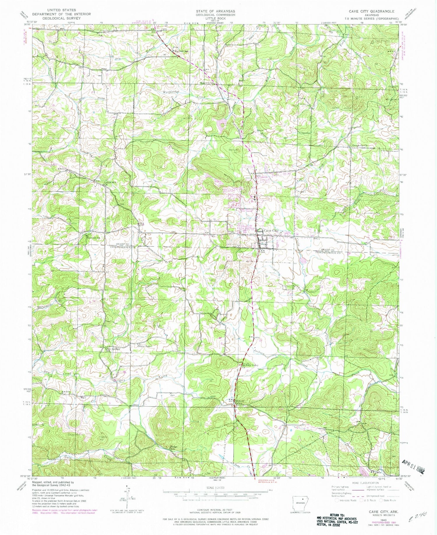 Classic USGS Cave City Arkansas 7.5'x7.5' Topo Map Image