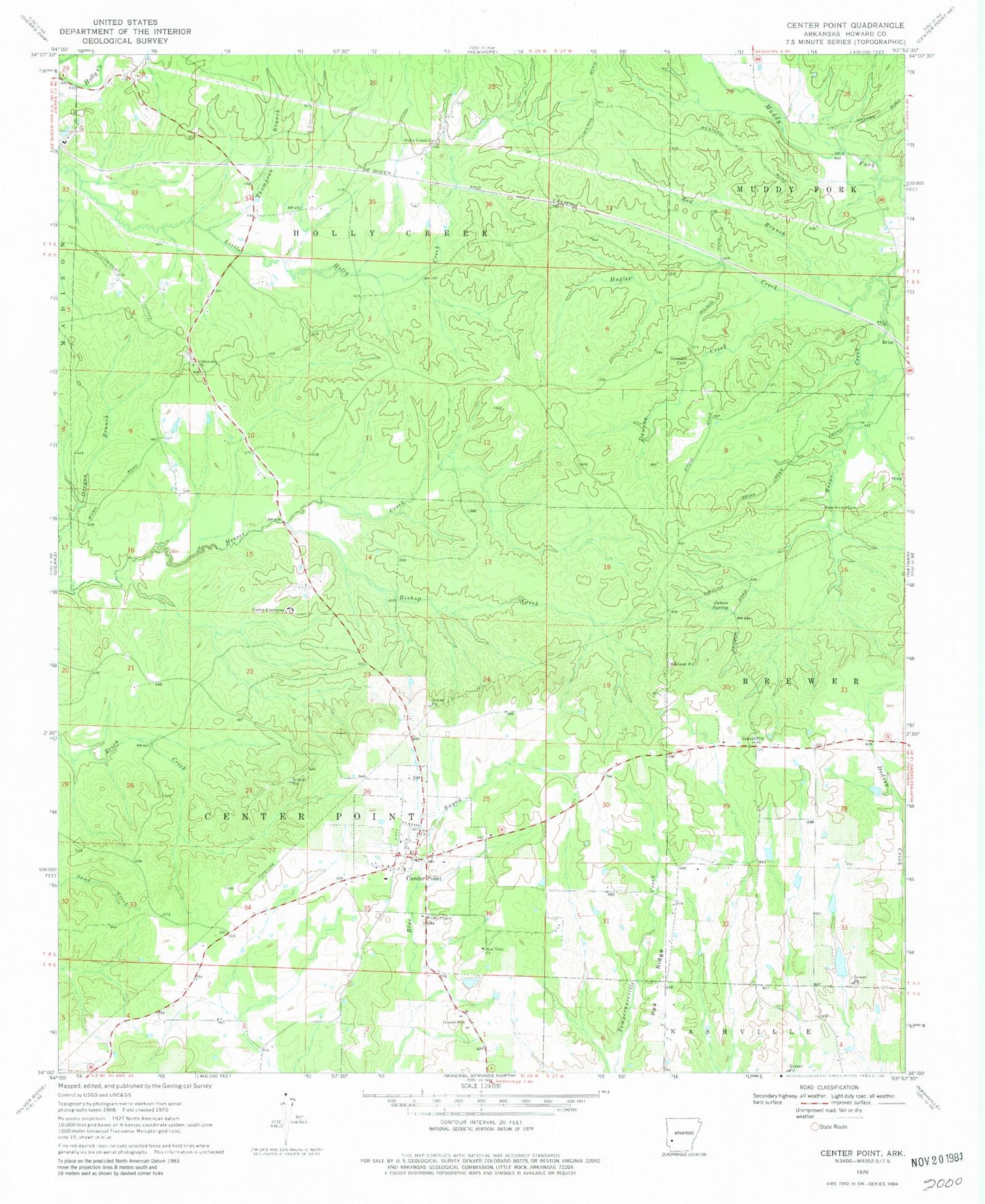 Classic USGS Center Point Arkansas 7.5'x7.5' Topo Map Image