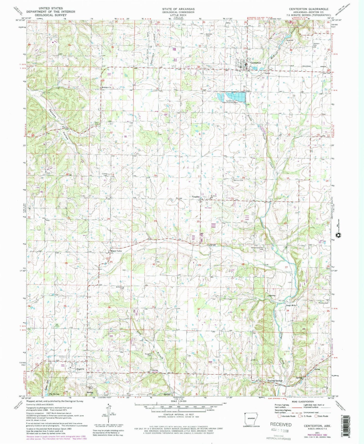 Classic USGS Centerton Arkansas 7.5'x7.5' Topo Map Image