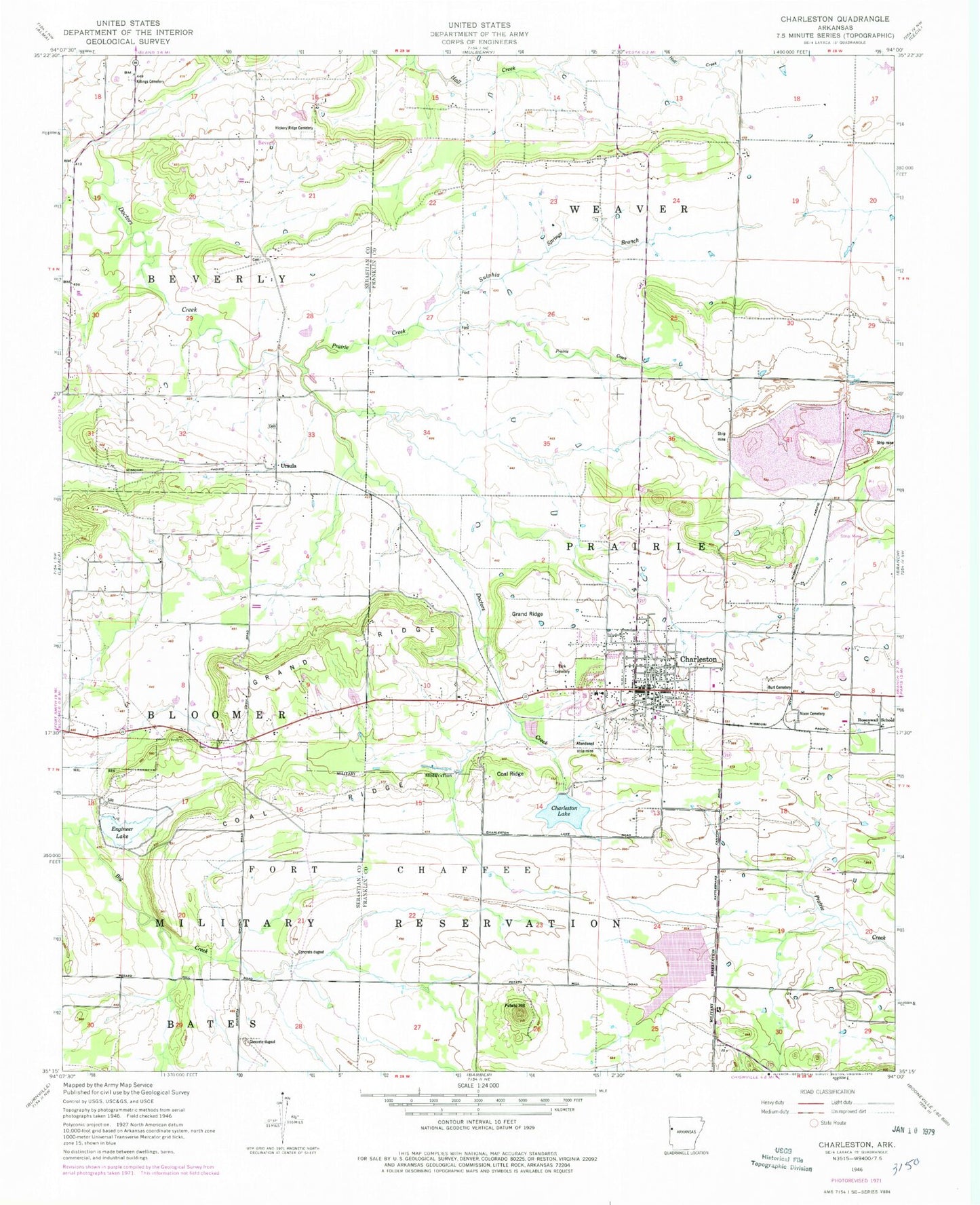 Classic USGS Charleston Arkansas 7.5'x7.5' Topo Map Image
