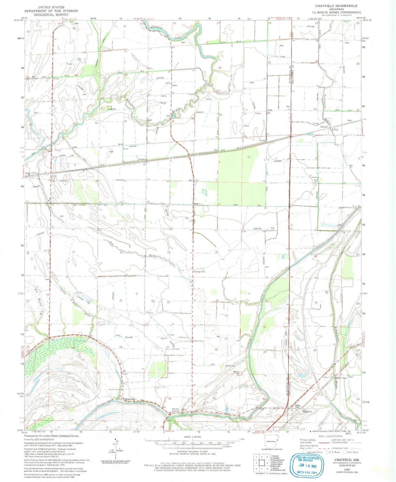 Classic USGS Chatfield Arkansas 7.5'x7.5' Topo Map Image