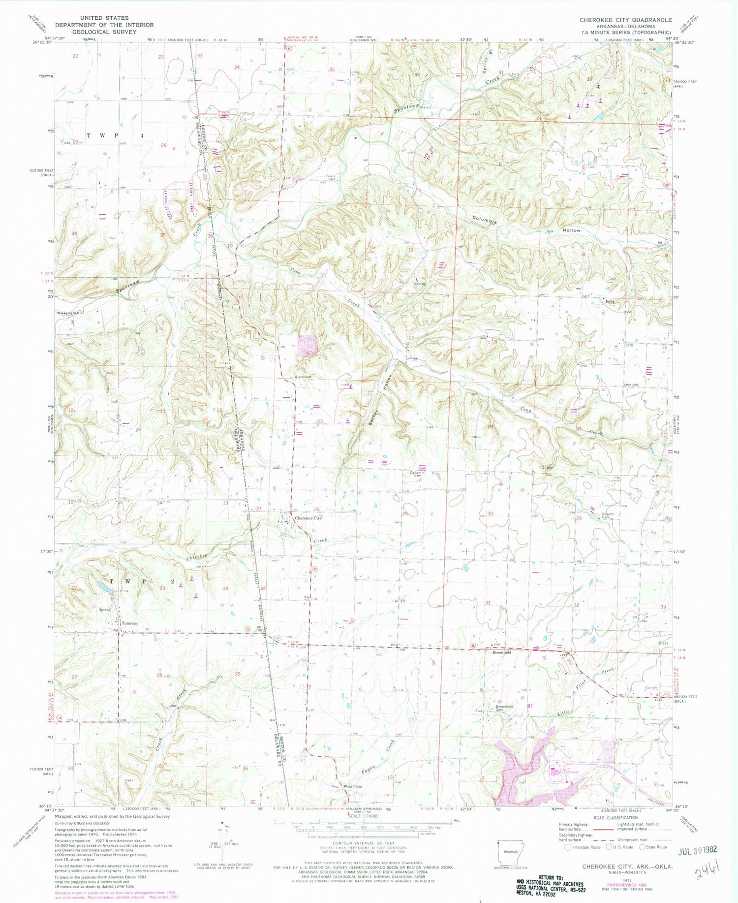 Classic USGS Cherokee City Arkansas 7.5'x7.5' Topo Map Image